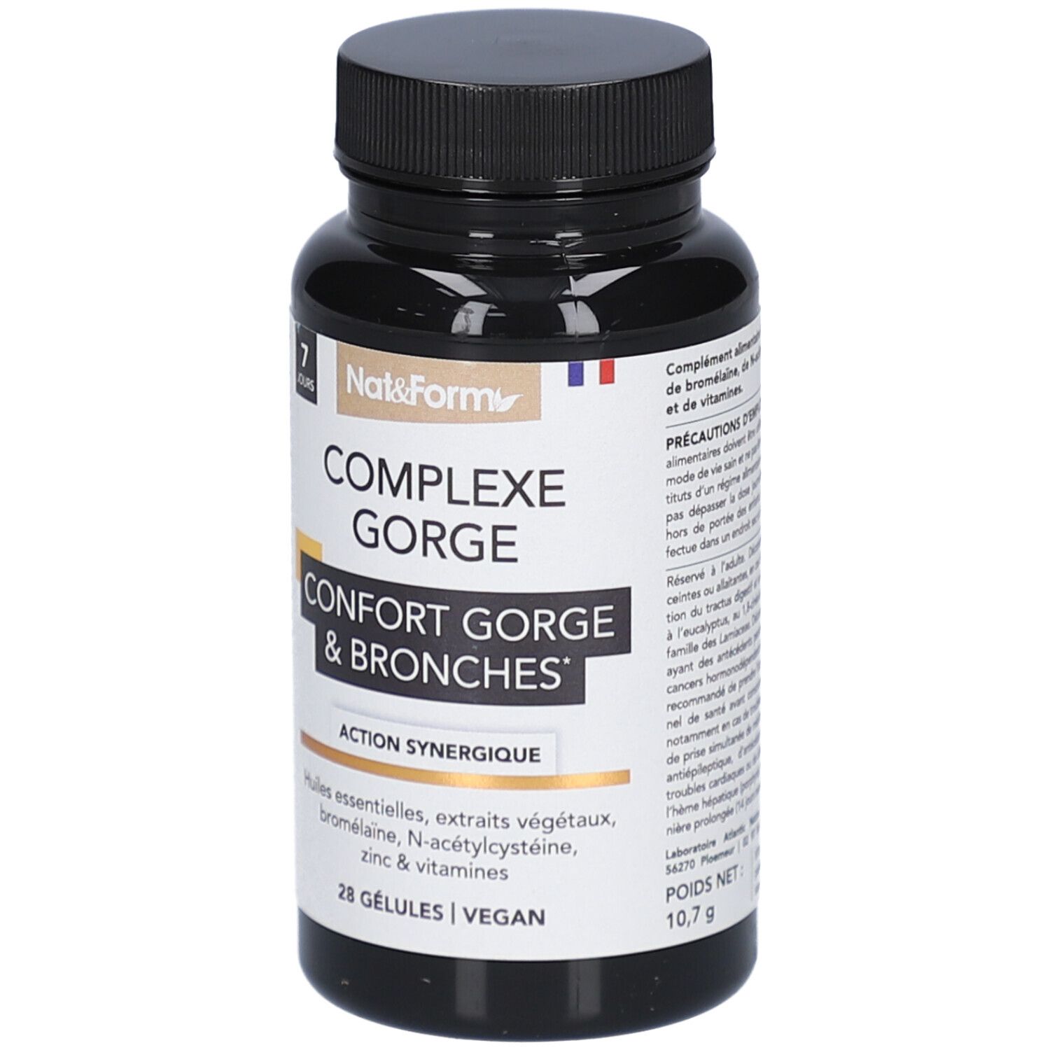 Flacon noir de gélules. Inscription: COMPLEXE GORGE, CONFORT GORGE & BRONCHES. 28 gélules. Vegan. Poids net: 10,7 g.