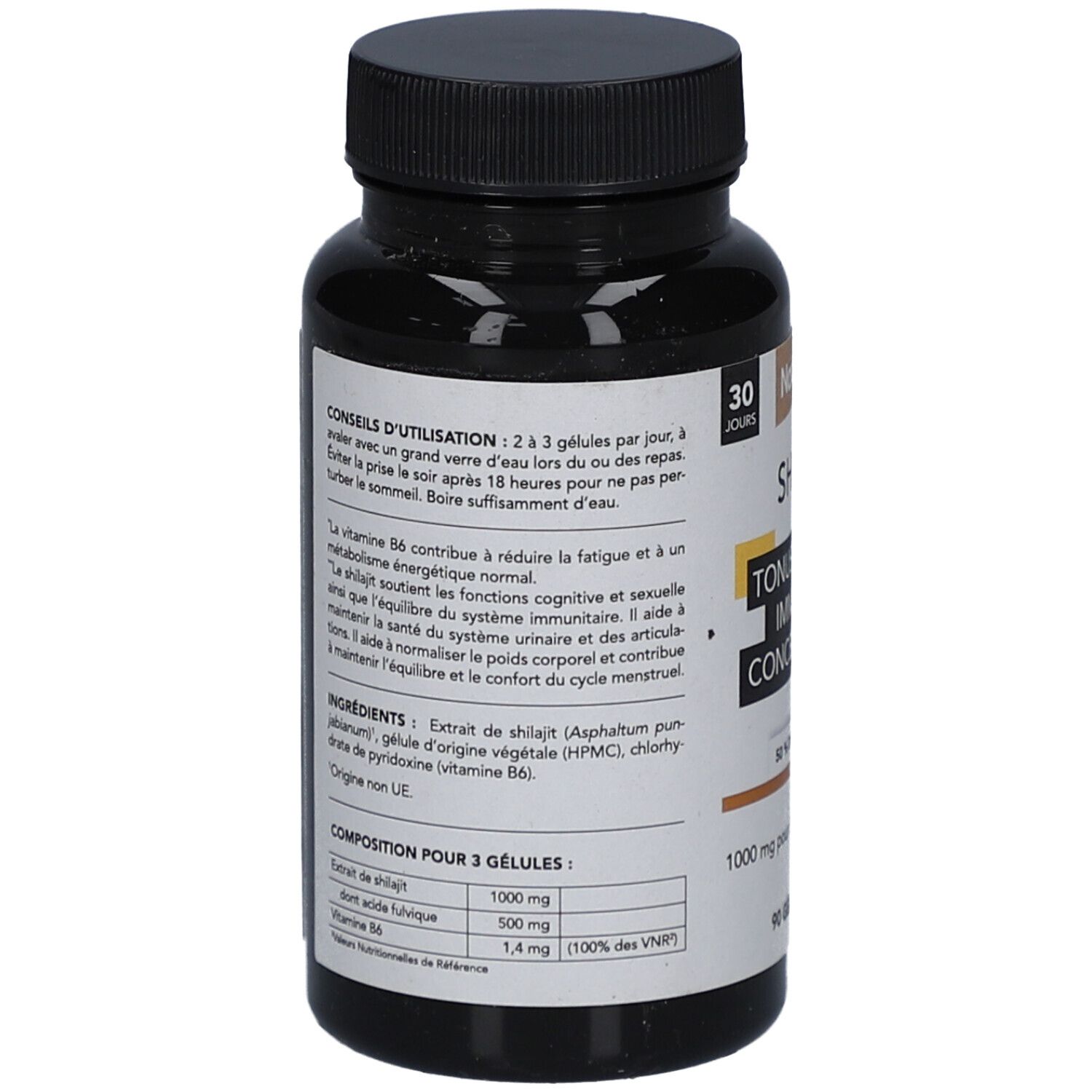 Dos du flacon avec texte. Contient des informations sur les ingrédients et l'utilisation. Bouchon noir, étiquette blanche.