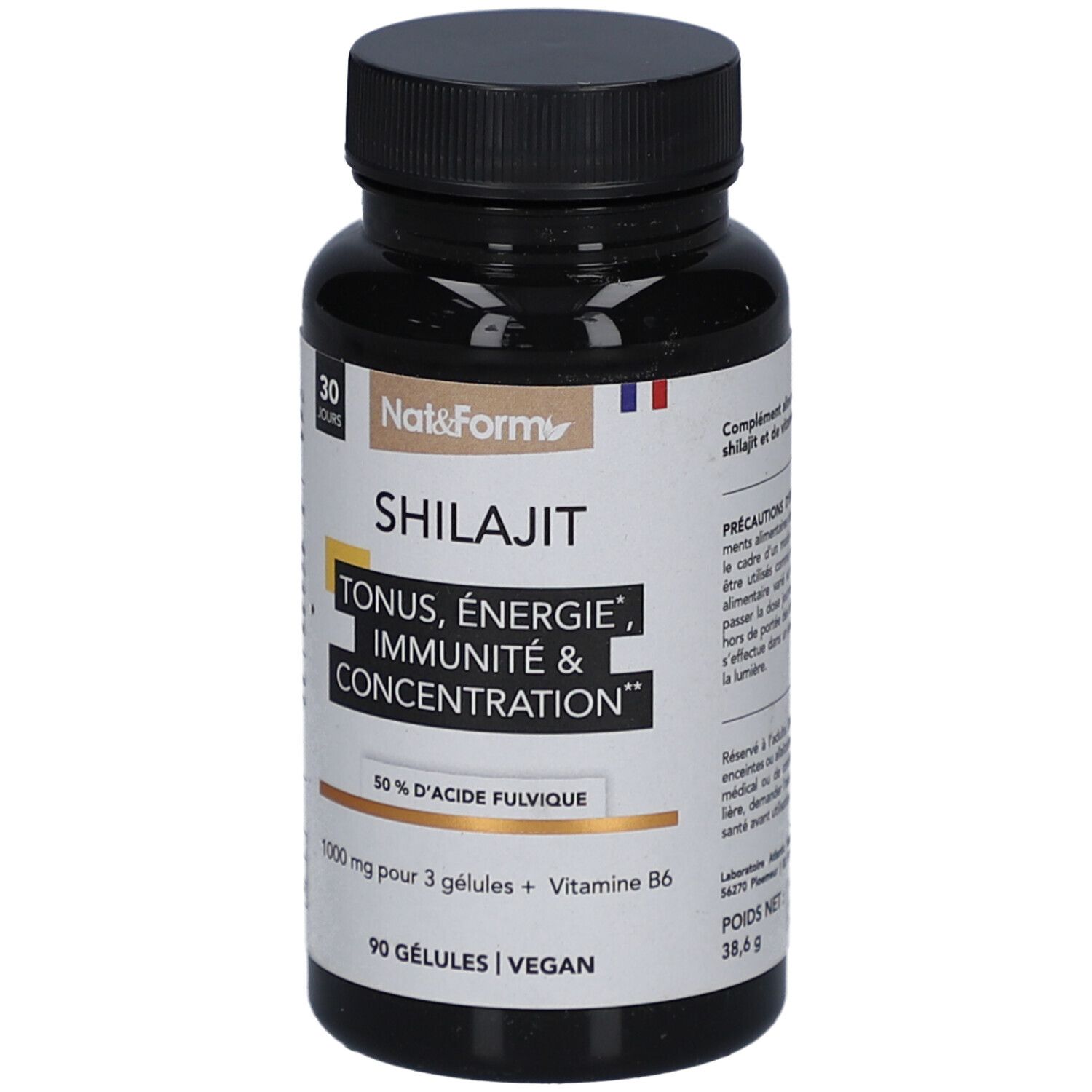Flacon noir de gélules. Inscription: SHILAJIT, Tonus, Énergie, Immunité & Concentration. 90 gélules, vegan.