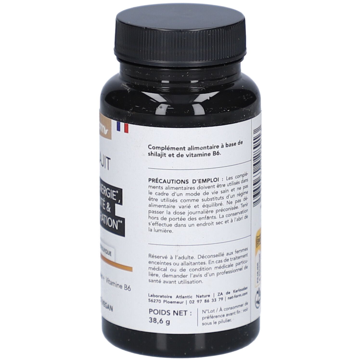 Dos du flacon avec texte. Contient des informations sur les ingrédients et l'utilisation. Bouchon noir, étiquette blanche.