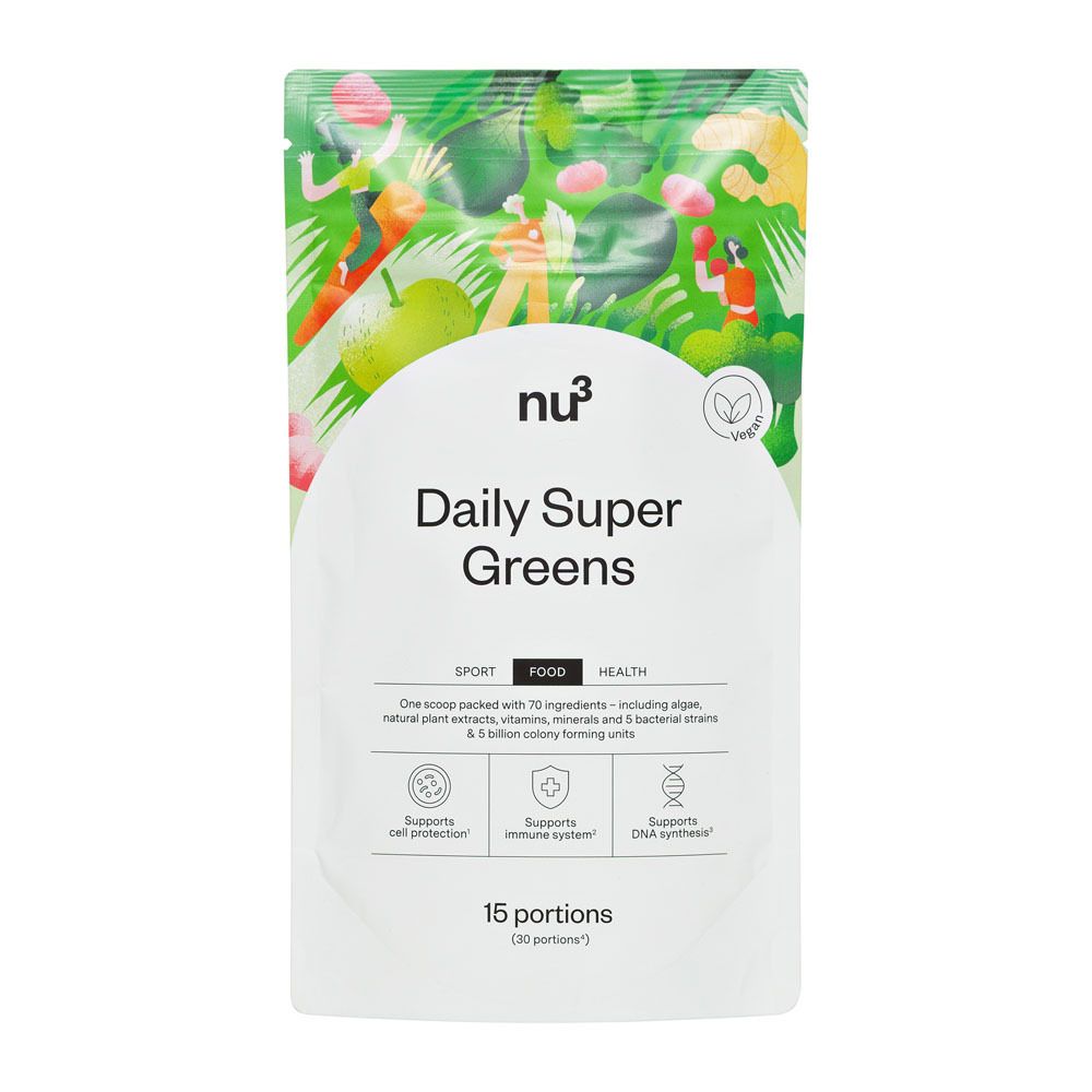 Sachet "Daily Super Greens". Sachet blanc avec feuilles vertes et personnages. Contient 15 portions. Vegan.