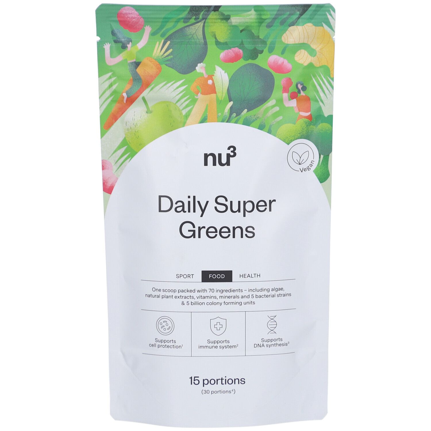 Sachet "nu3 Daily Super Greens". Sachet blanc avec illustrations vertes et informations produit. Label végan.