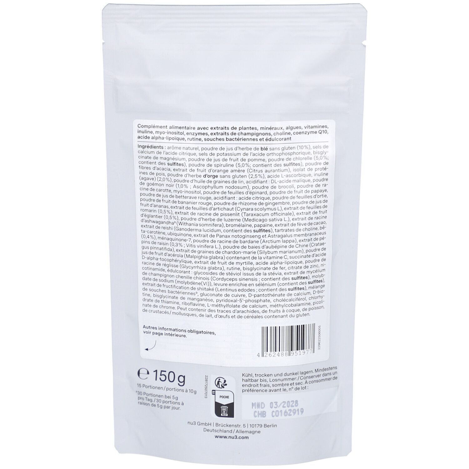 Dos du sachet "nu3 Daily Super Greens". Contient liste des ingrédients, informations nutritionnelles et fabricant. 150g.