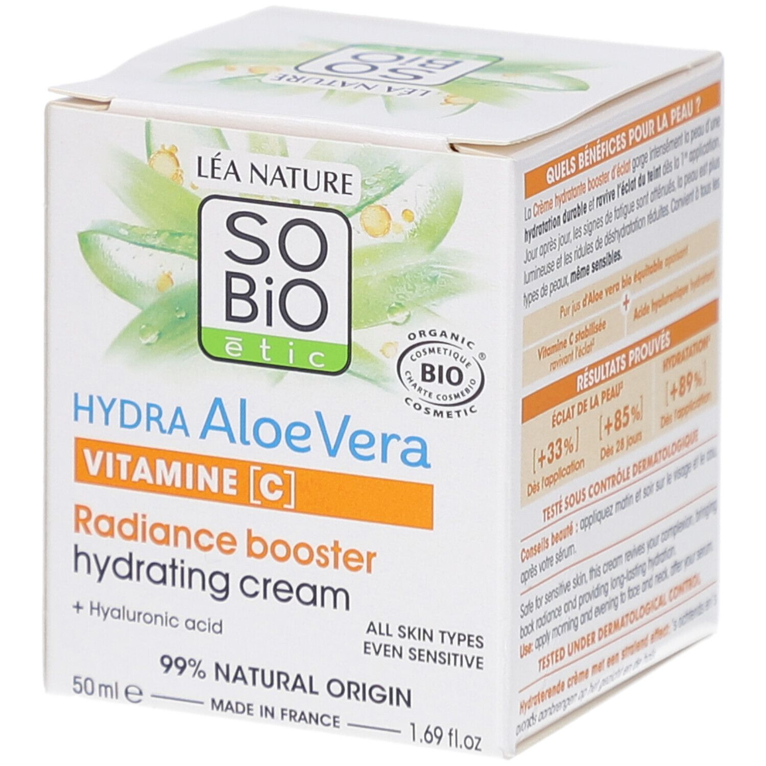 Boîte blanche avec informations produit. Inscription: SO BIO etic Hydra Aloe Vera Vitamine C. Contient de l'acide hyaluronique. 99% d'origine naturelle.
