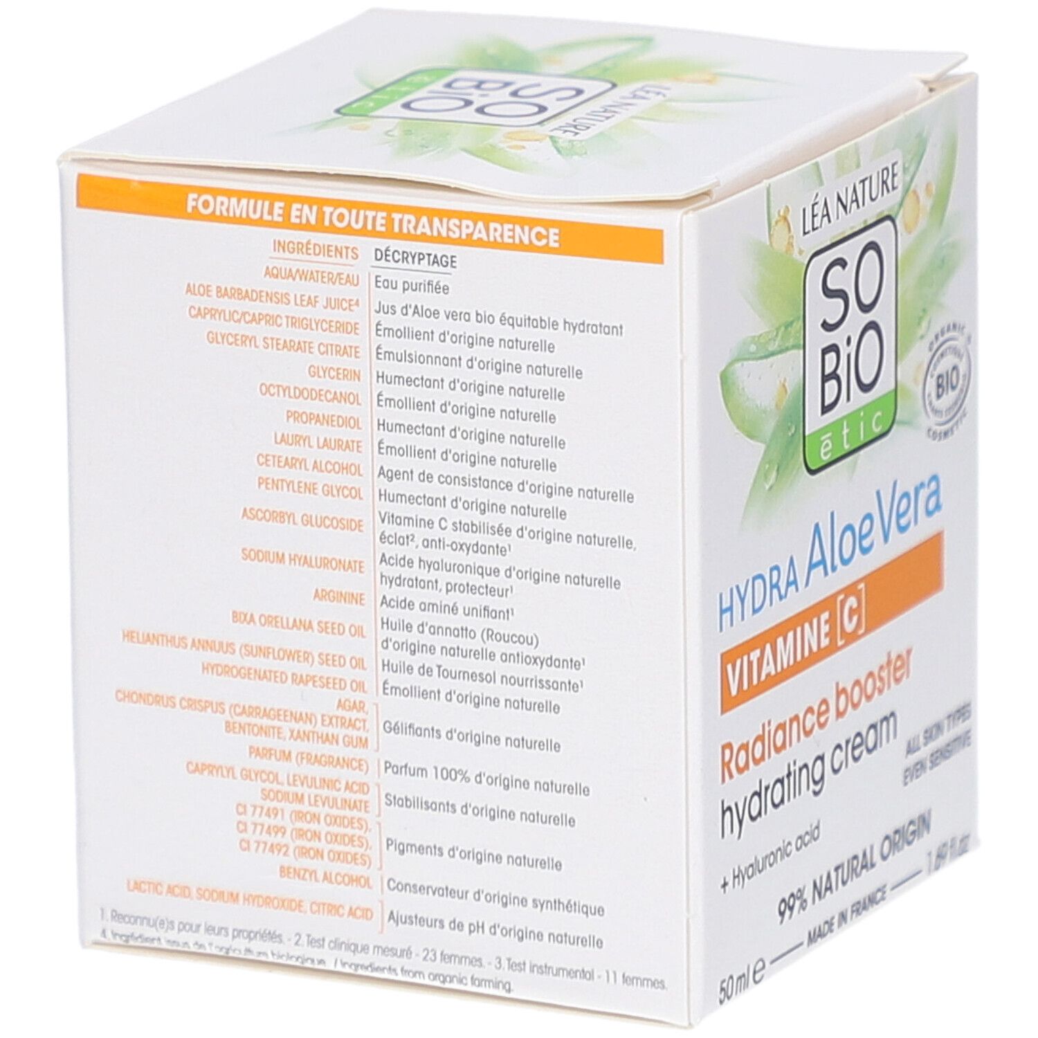Boîte blanche avec informations produit. Inscription: SO BIO etic Hydra Aloe Vera Vitamine C. Liste des ingrédients sur le côté. 99% d'origine naturelle.