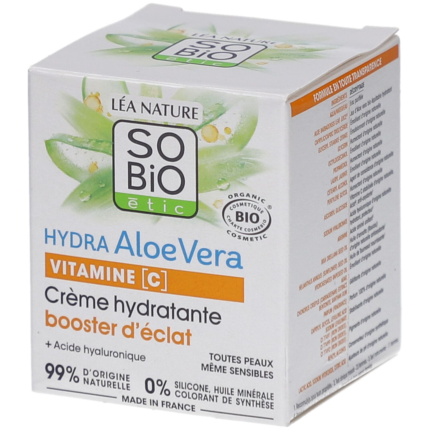 Boîte blanche avec informations produit. Inscription: SO BIO etic Hydra Aloe Vera Vitamine C. Crème hydratante booster d'éclat. 99% naturelle.
