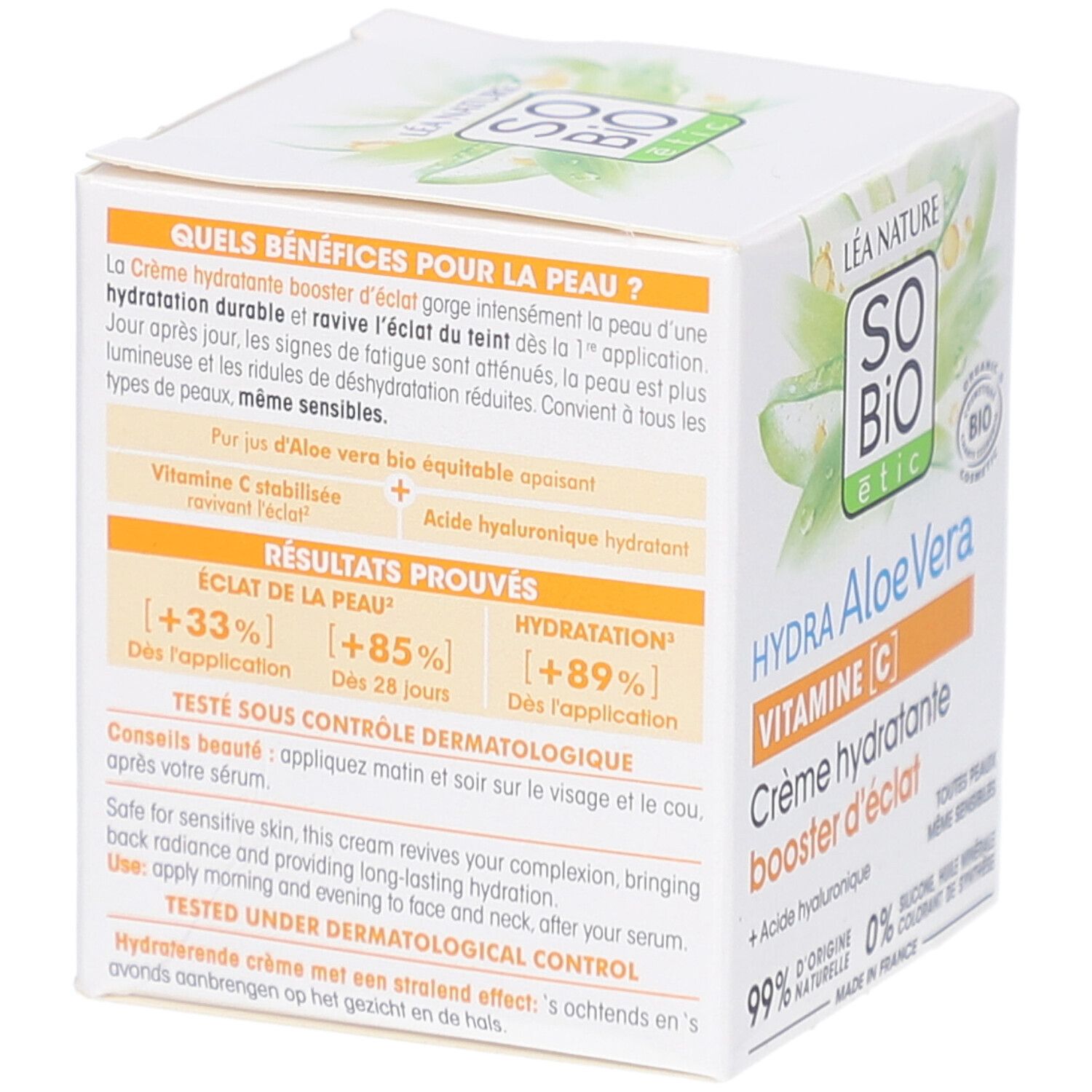 Boîte blanche avec informations produit. Inscription: SO BIO etic Hydra Aloe Vera Vitamine C. Résultats: +33% éclat, +85% hydratation.