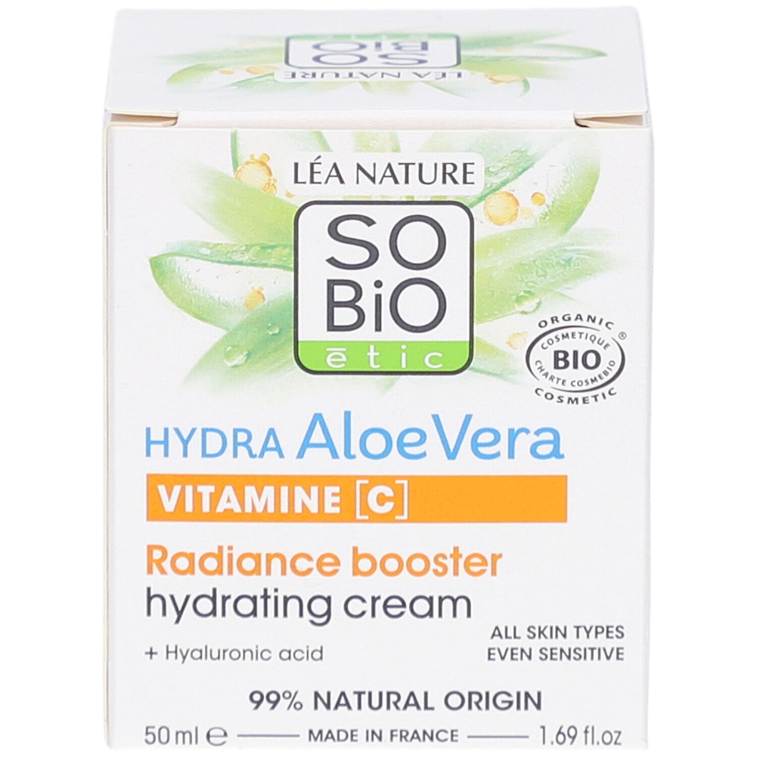 Boîte blanche avec informations produit. Inscription: SO BIO etic Hydra Aloe Vera Vitamine C. Crème hydratante. 99% d'origine naturelle.