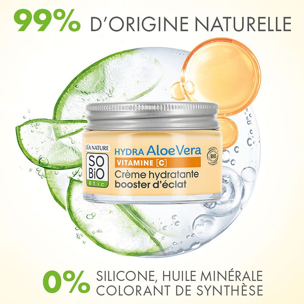 Pot de crème avec éléments d'aloe vera, huiles et eau. Inscription : HYDRA Aloe Vera, Vitamine C. 99% d'origine naturelle, 0% silicone.