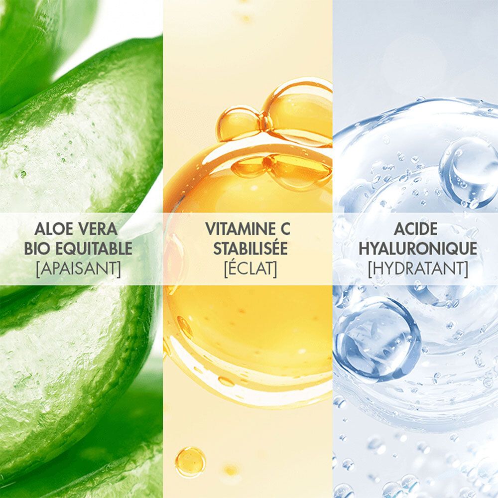 Trois zones verticales : Aloe vera, Vitamine C, Acide hyaluronique. Inscriptions : apaisant, éclat, hydratant.