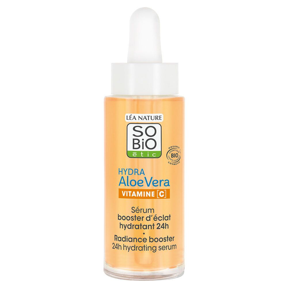 Flacon de sérum avec pipette. Inscription: Hydra Aloe Vera, Vitamine C. Certification bio.