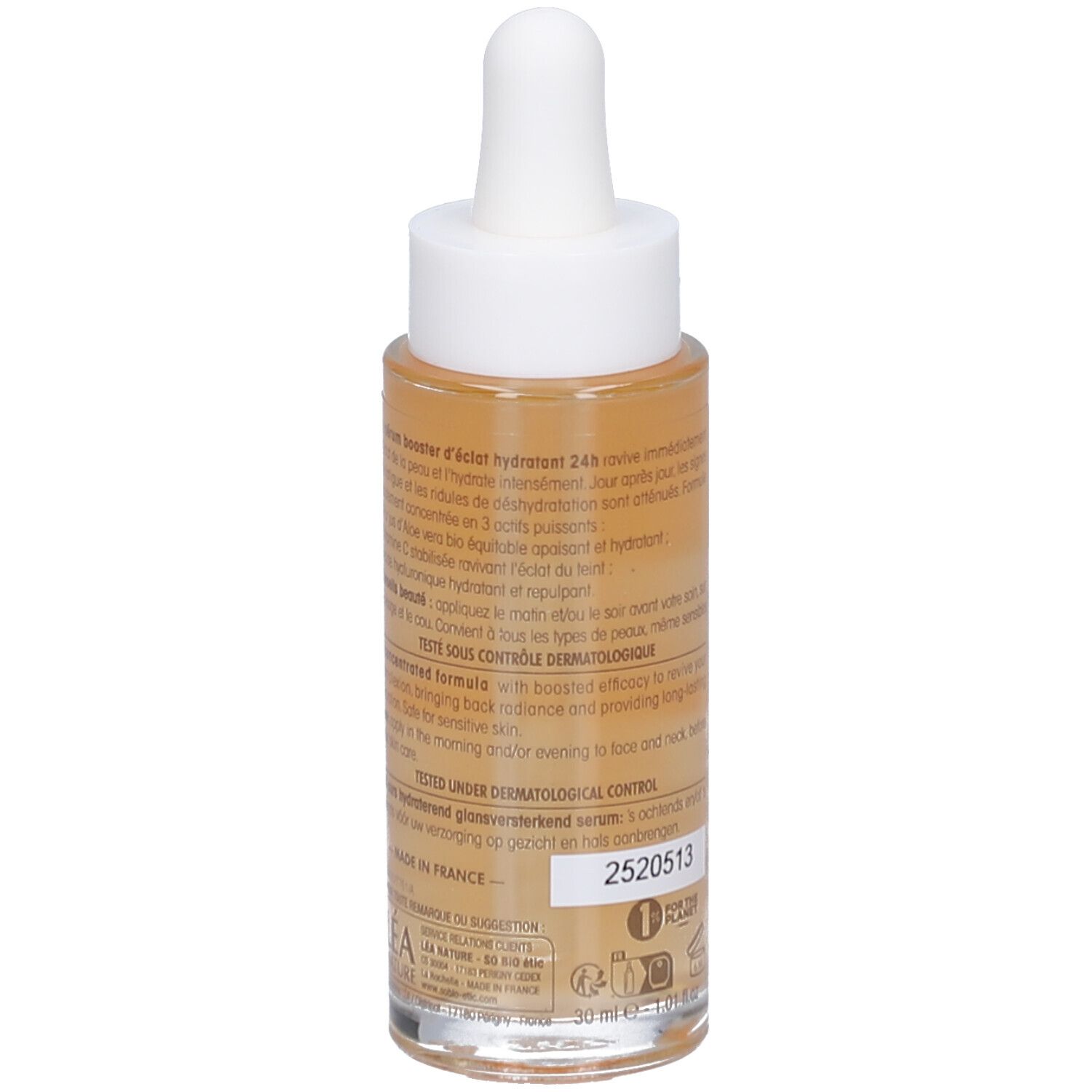 Dos du flacon de sérum SO BIO ETIC Hydra AloeVera. Texte. Certification BIO. Numéro de lot.