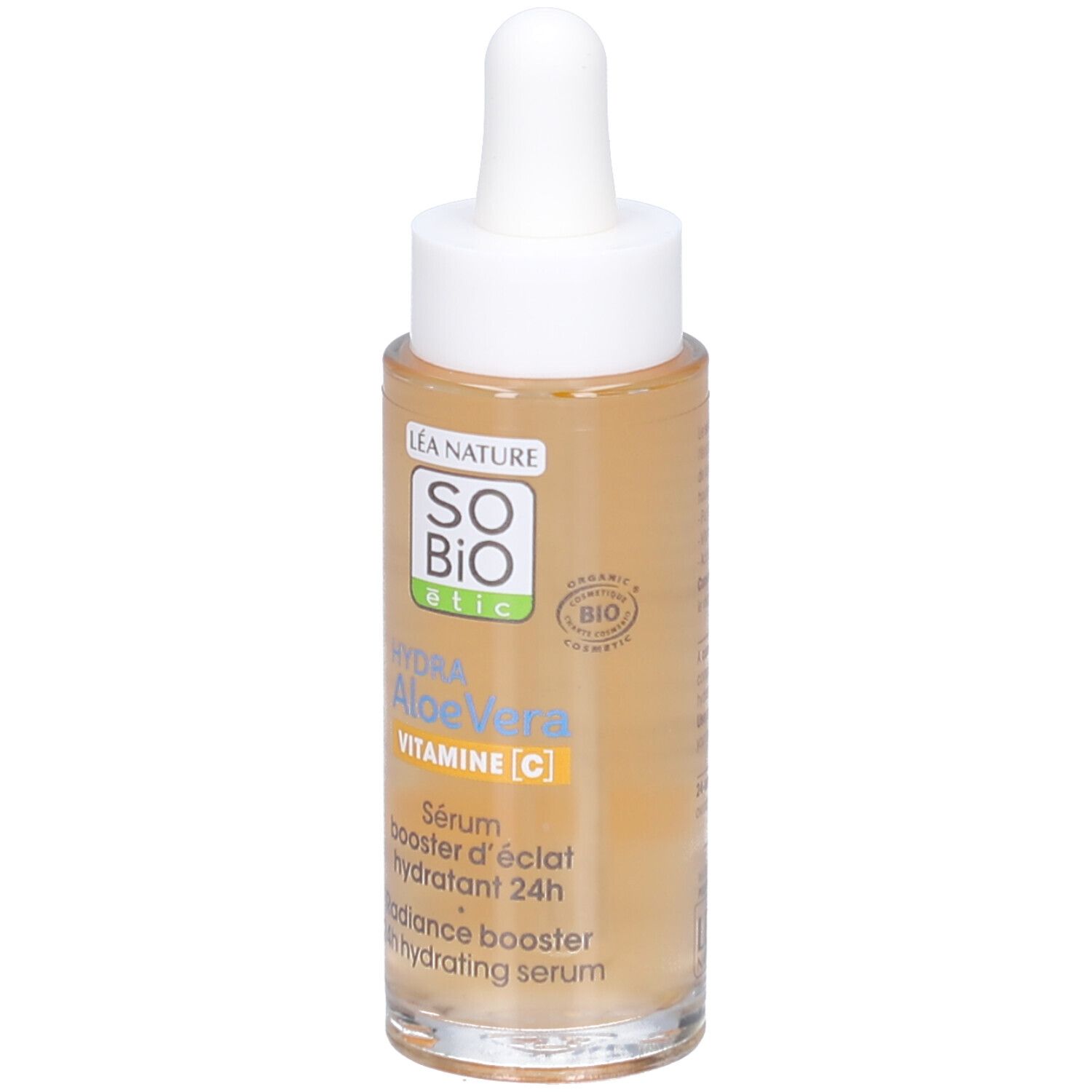 Sérum SO BIO ETIC Hydra AloeVera. Flacon avec pipette. Inscription: VITAMINE C. Certification BIO.