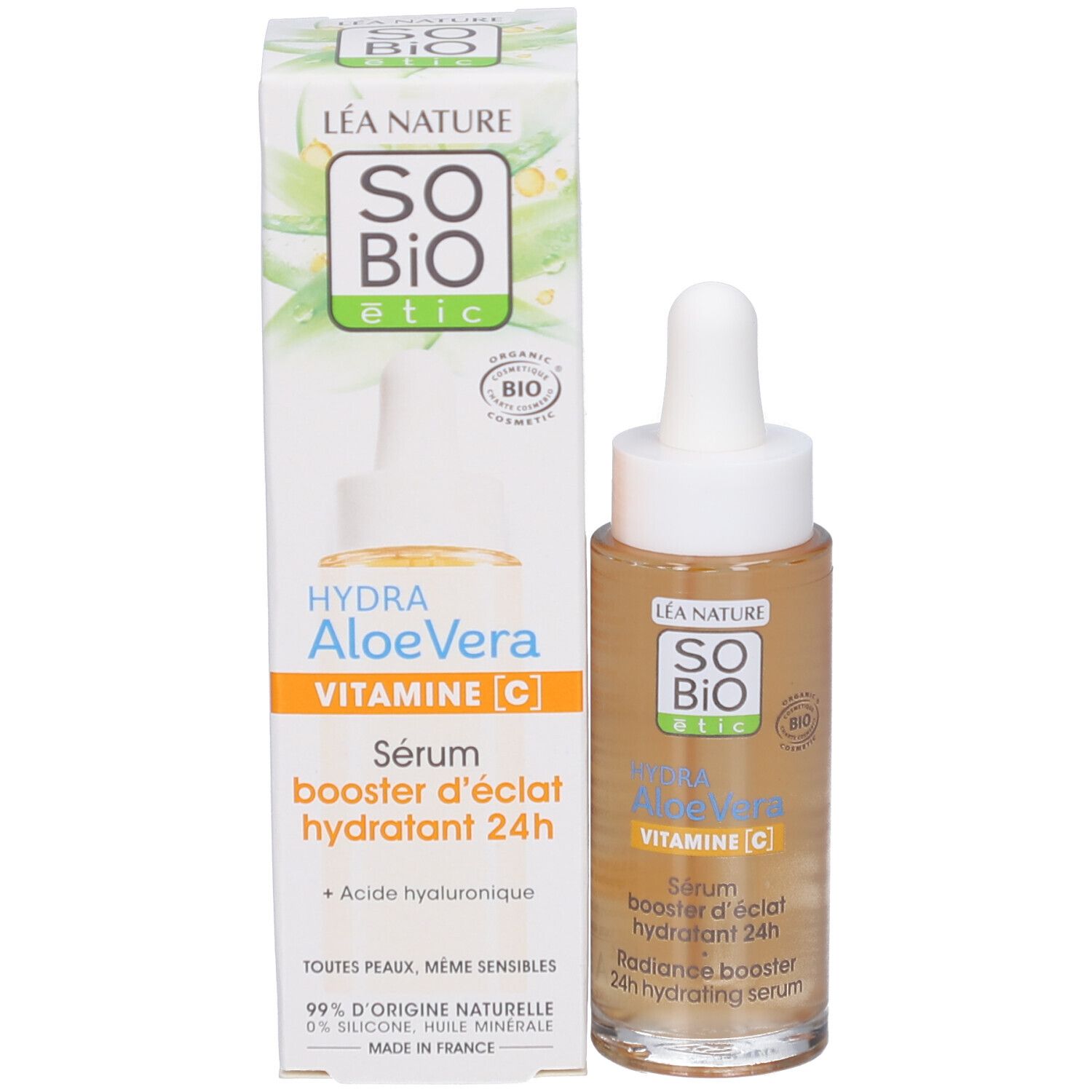 Sérum SO BIO ETIC Hydra AloeVera et emballage. Inscription: VITAMINE C. Certification BIO. Ingrédients.