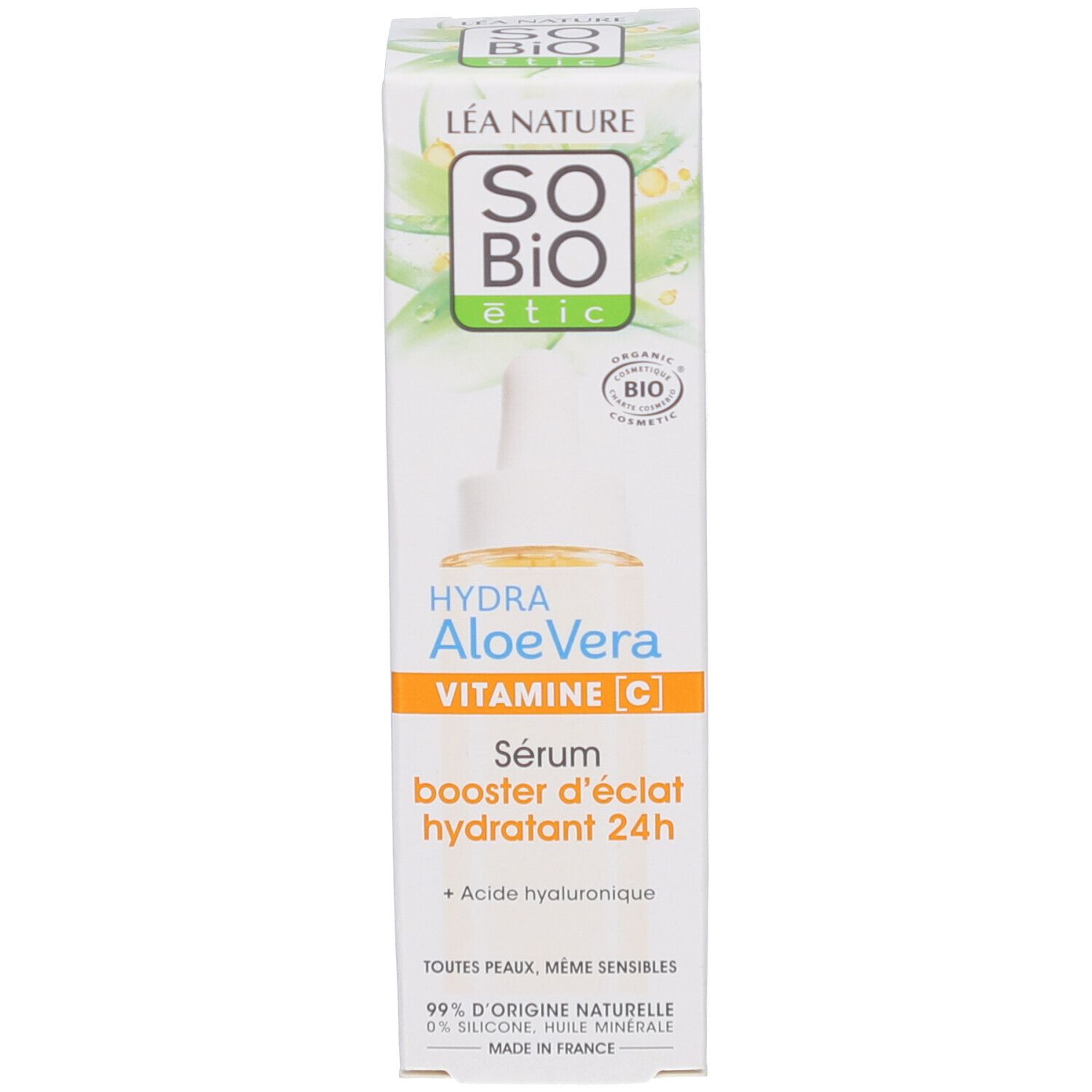 Sérum SO BIO ETIC Hydra AloeVera et emballage. Inscription: VITAMINE C. Certification BIO. Ingrédients.