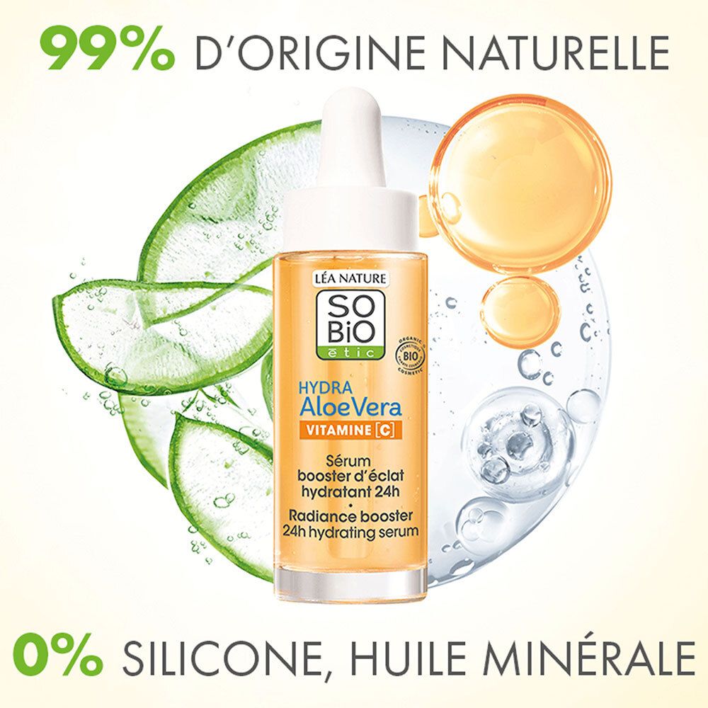 Flacon de sérum avec pipette, entouré de feuilles d'aloe vera et de liquide. Inscription: Hydra Aloe Vera.