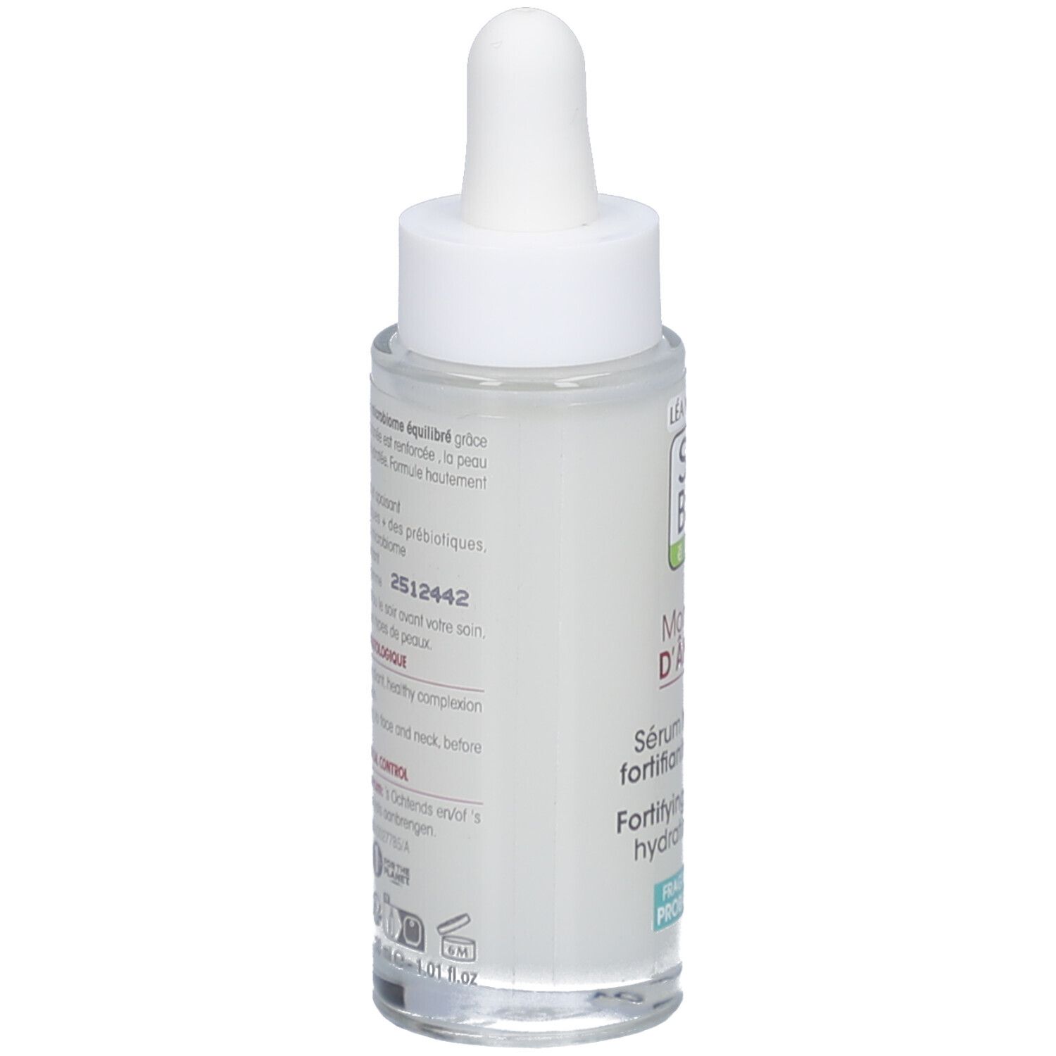 Vue arrière du flacon. Texte sur l'étiquette. Nom du produit et ingrédients. Informations du fabricant.