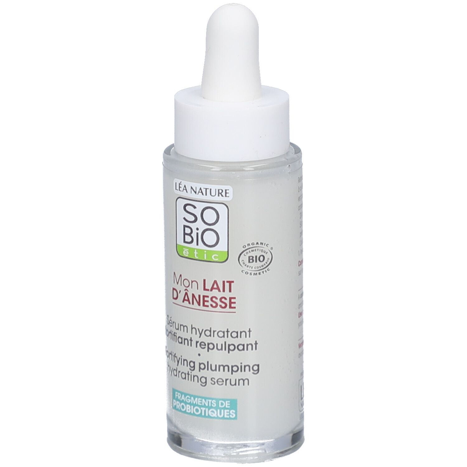 Flacon transparent avec bouchon blanc et pipette. Étiquette: SO BIO ETIC, Mon Lait d'Ânesse, Sérum hydratant repulpant.