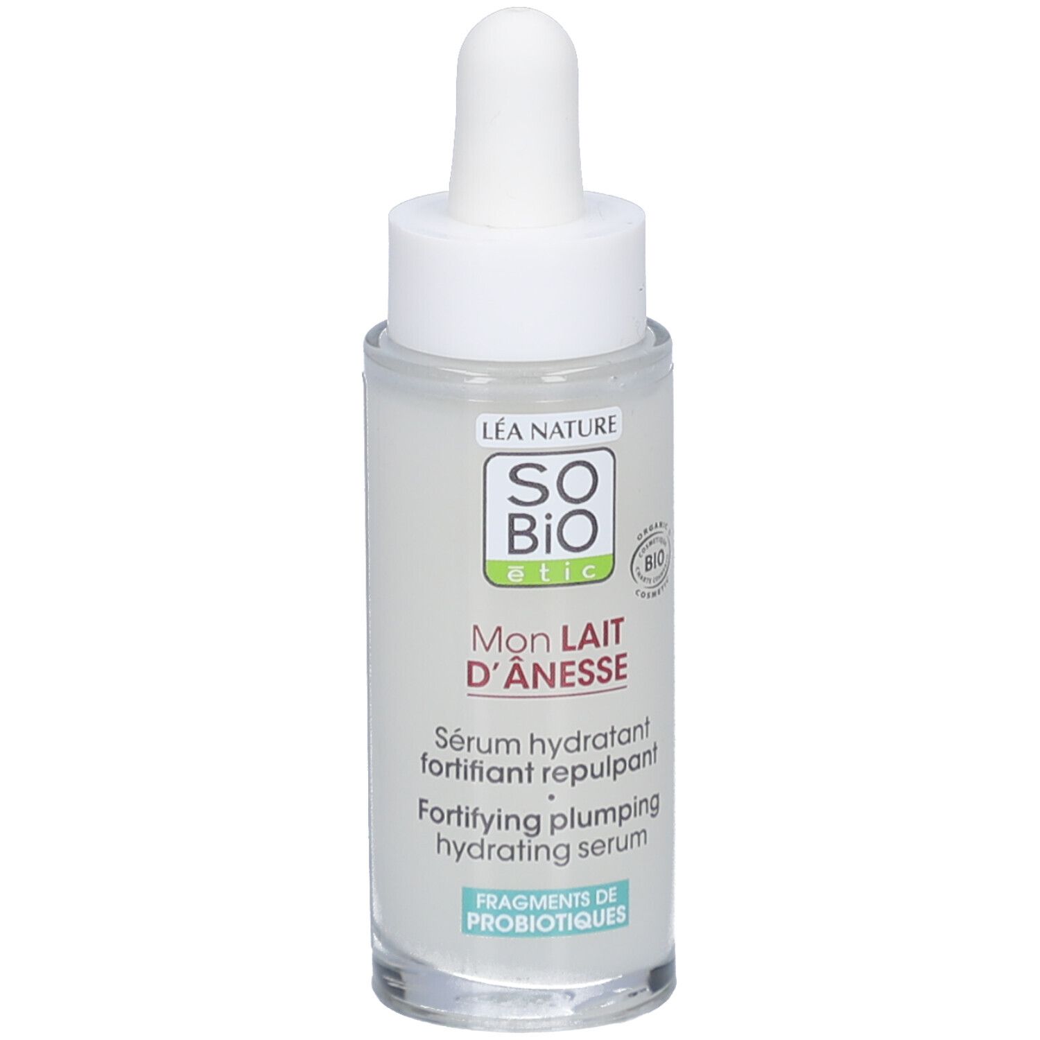 Flacon transparent avec bouchon blanc et pipette. Étiquette: SO BIO ETIC, Mon Lait d'Ânesse, Sérum hydratant repulpant.