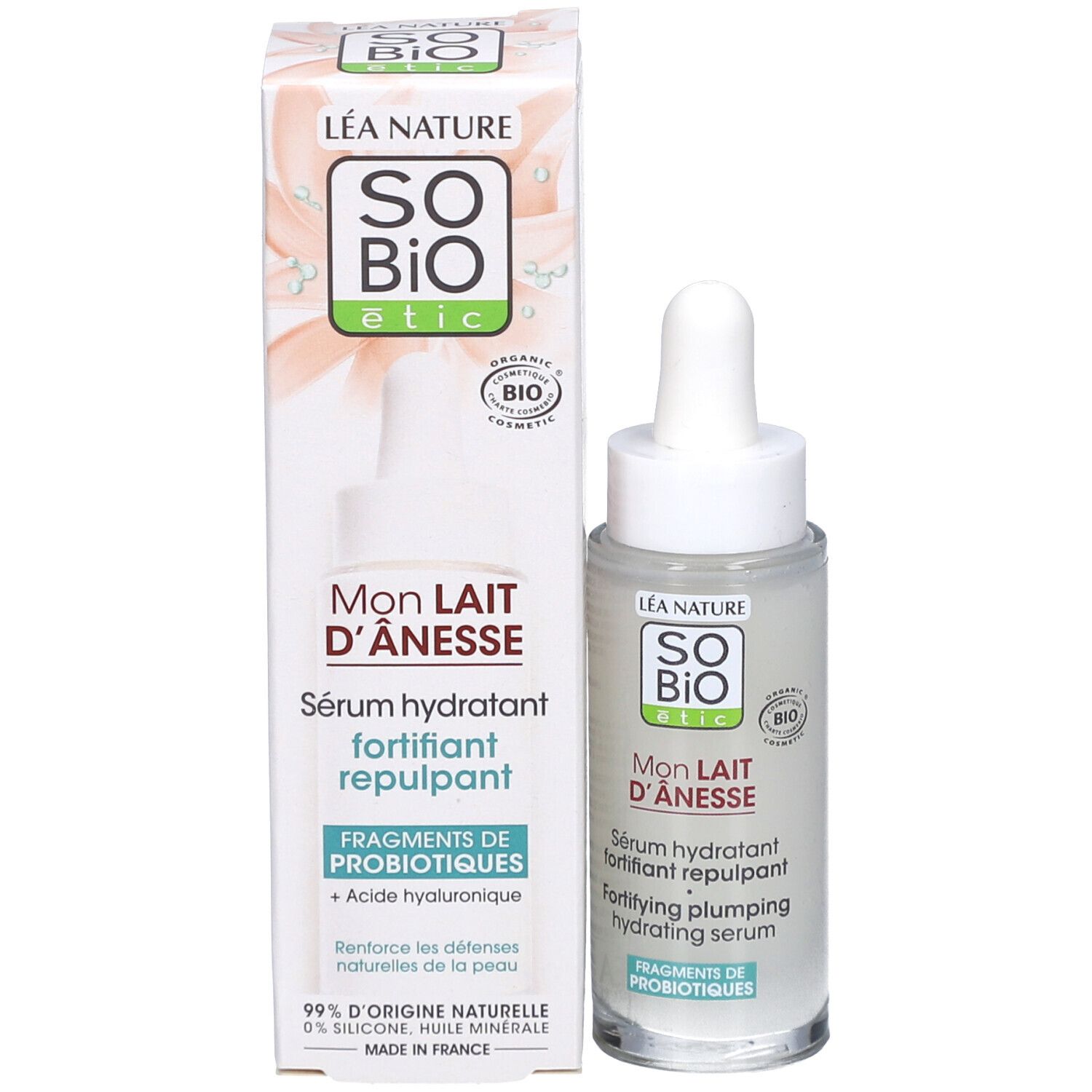Flacon et emballage du produit. Emballage avec texte: SO BIO ETIC, Mon Lait d'Ânesse, Sérum hydratant. Flacon à côté.