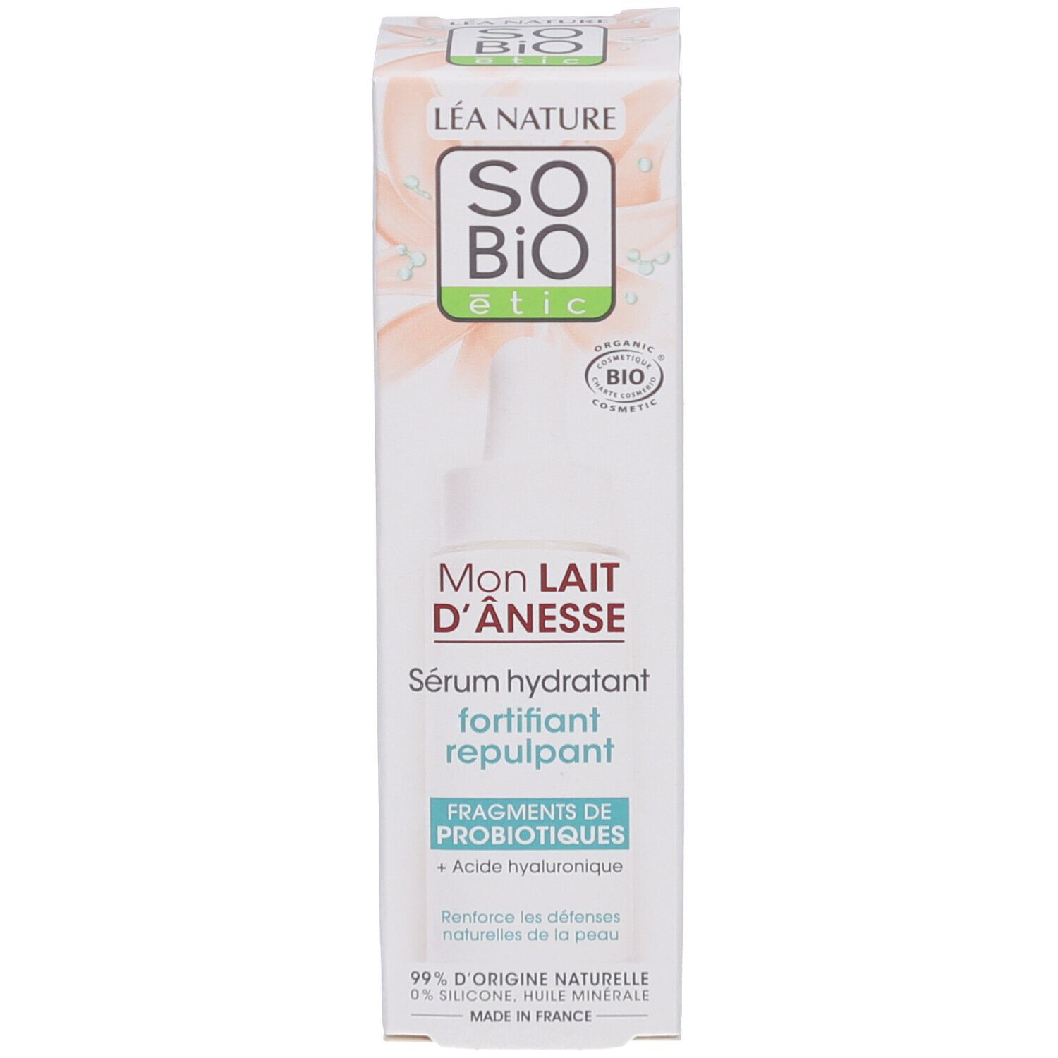 Emballage du produit. Texte: SO BIO ETIC, Mon Lait d'Ânesse, Sérum hydratant. Illustration du flacon.