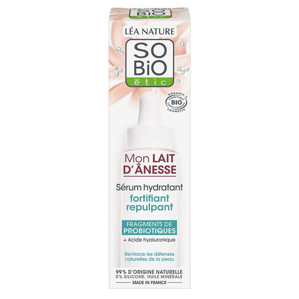 Emballage et flacon. Emballage: blanc, rose et vert. Flacon: transparent avec bouchon blanc. Inscription: SO BIO etic, Mon Lait d'Ânesse.