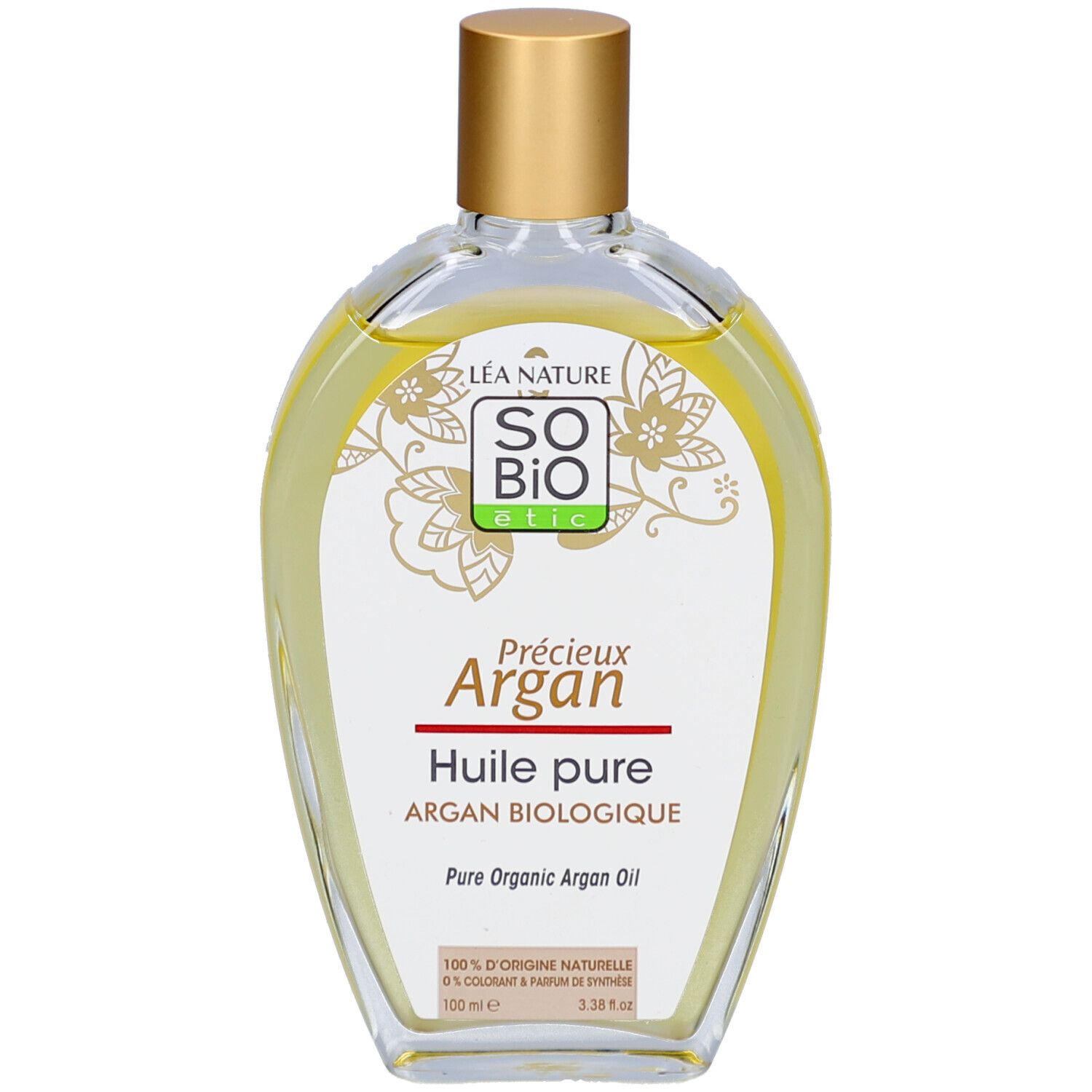 Flacon transparent SO BIO ETIC Précieux Argan. Bouchon doré. Étiquette avec nom du produit, logo et certification biologique.