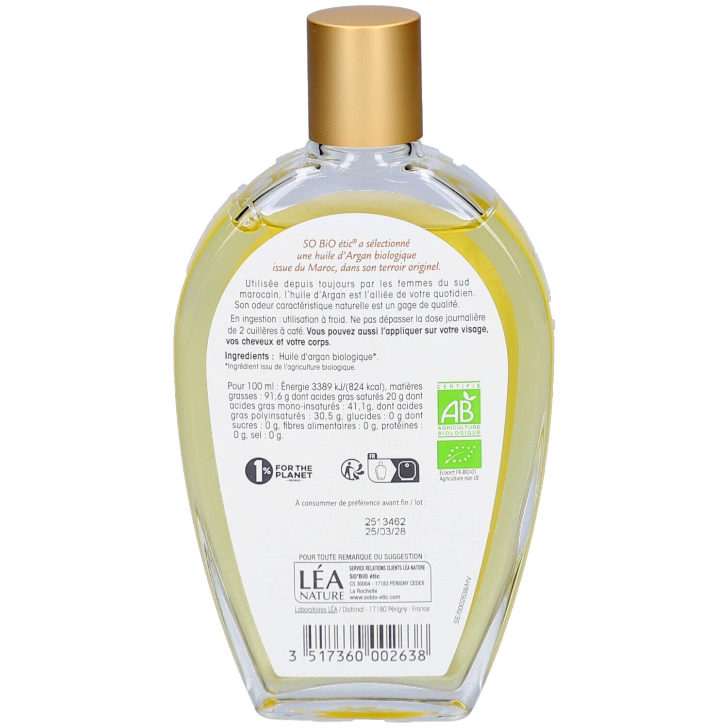 Dos du flacon SO BIO ETIC Argan. Étiquette avec informations produit, ingrédients et certification biologique. Autocollant vert.