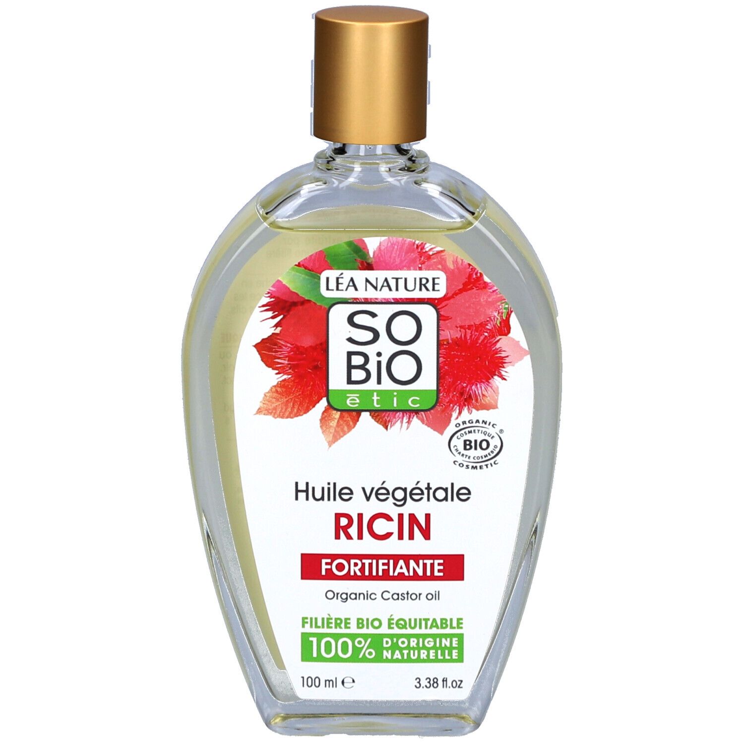 Flacon SO BIO ETIC, bouchon doré. Étiquette avec nom du produit, motif floral et certification bio.