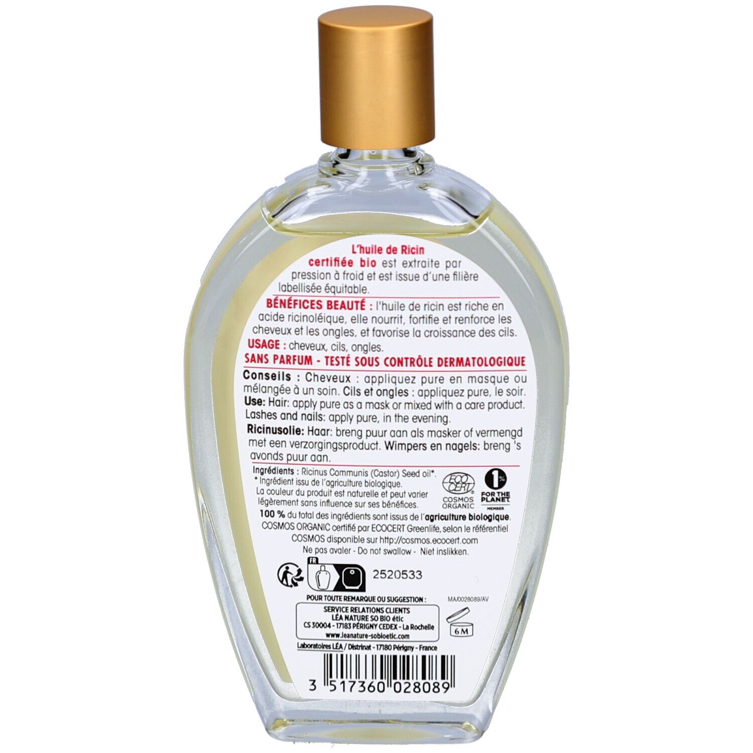 Dos du flacon SO BIO ETIC. Informations textuelles, ingrédients, mode d'emploi et certification bio.