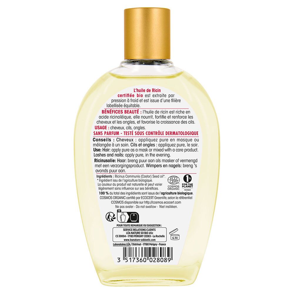 Dos du flacon SO BIO ETIC Rizinusöl. Informations textuelles, ingrédients, certification bio et coordonnées du fabricant.