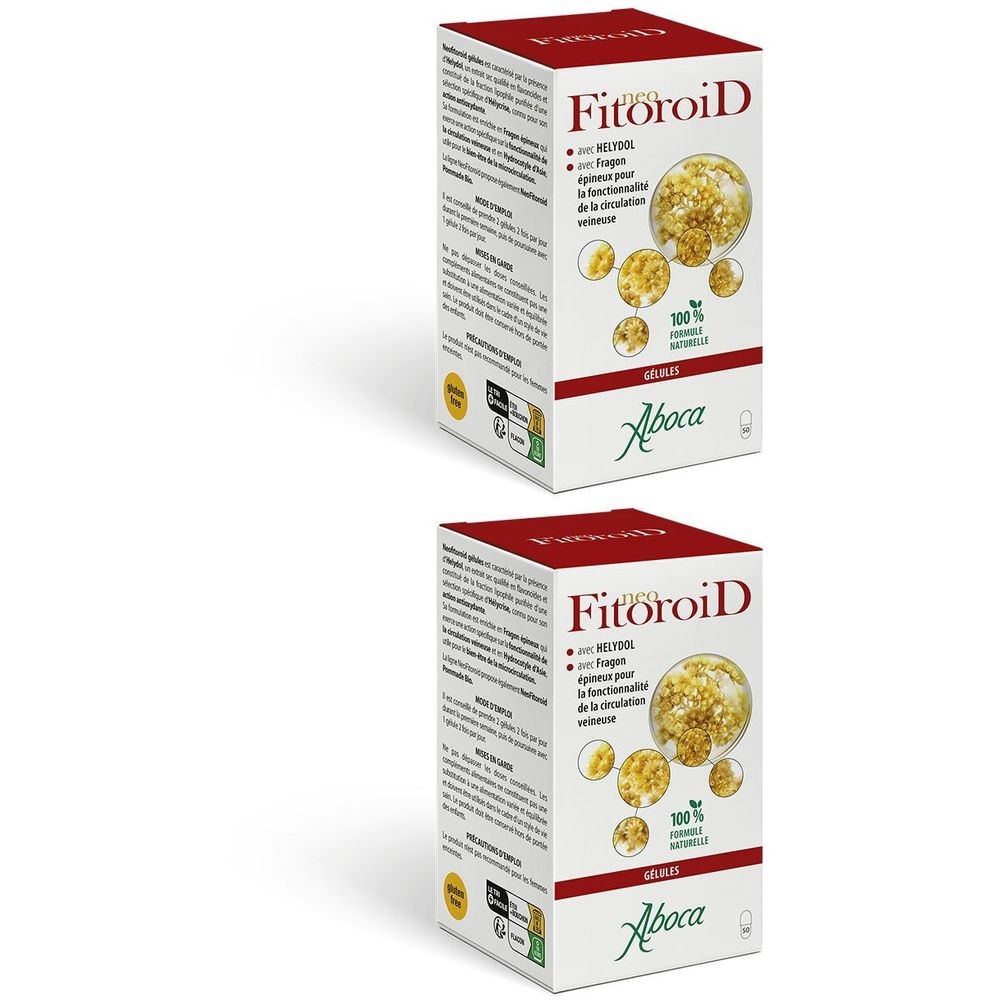 Deux boîtes de gélules "neo Fitoroid". Emballage rouge et blanc avec nom du produit et logo Aboca. Ingrédients 100% naturels.
