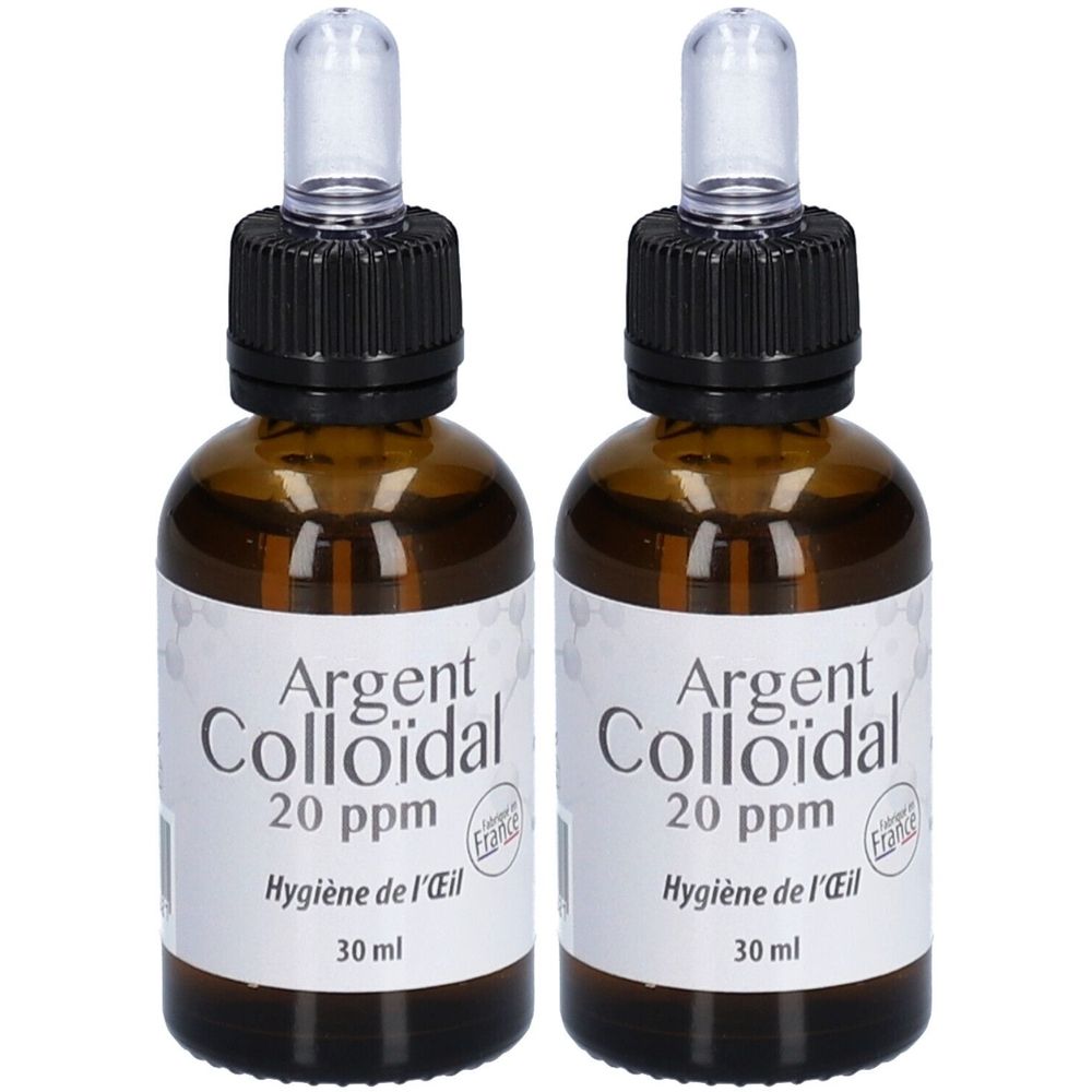 Deux flacons en verre brun avec bouchon noir et pipette. L'étiquette indique "Argent Colloïdal 20 ppm Hygiène de l'Œil 30 ml".