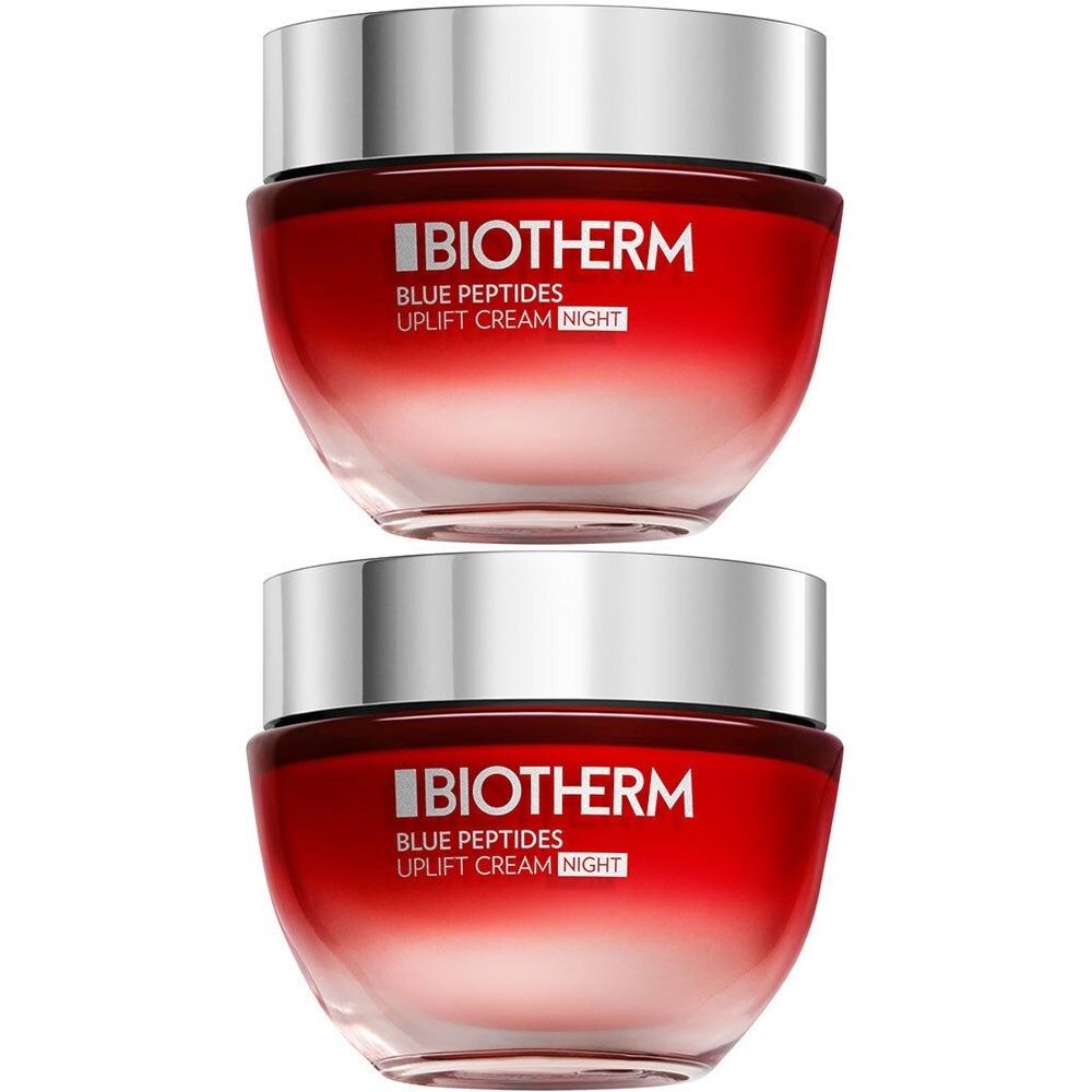 Deux pots de crème BIOTHERM Blue Peptides Nuit. Dégradé rouge, couvercle argenté. Inscription BIOTHERM, Blue Peptides, Uplift Cream Night.
