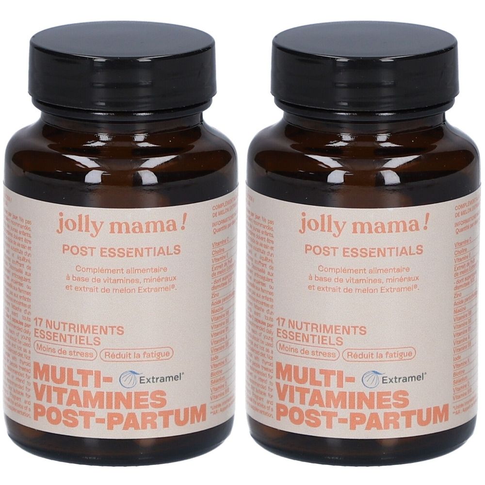 Deux flacons bruns avec des bouchons noirs. Les étiquettes indiquent "jolly mama! POST ESSENTIALS" et "MULTI-VITAMINES POST-PARTUM".