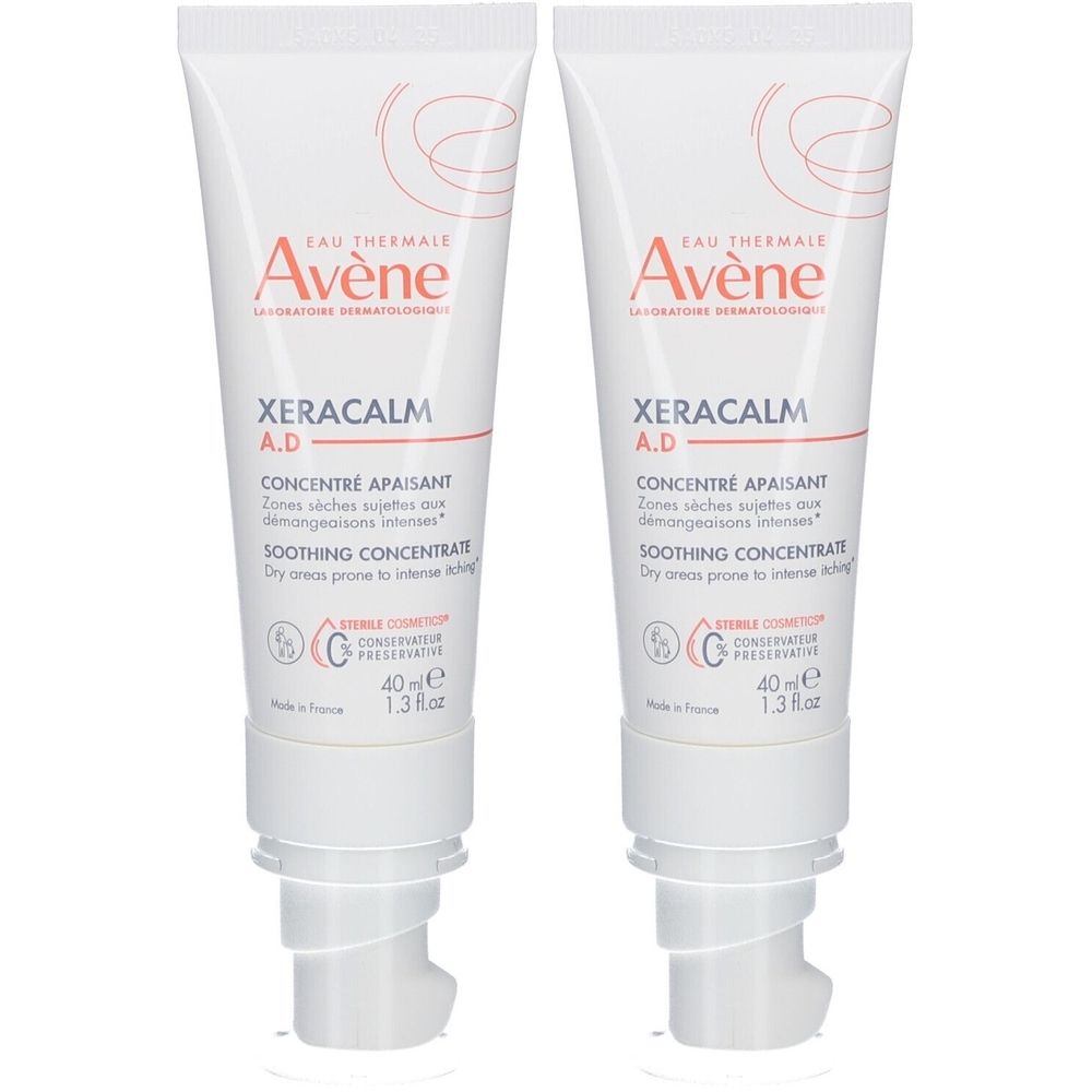 Deux tubes de concentré apaisant Avene Xeracalm. Tubes blancs avec texte rouge et noir. 40 ml.