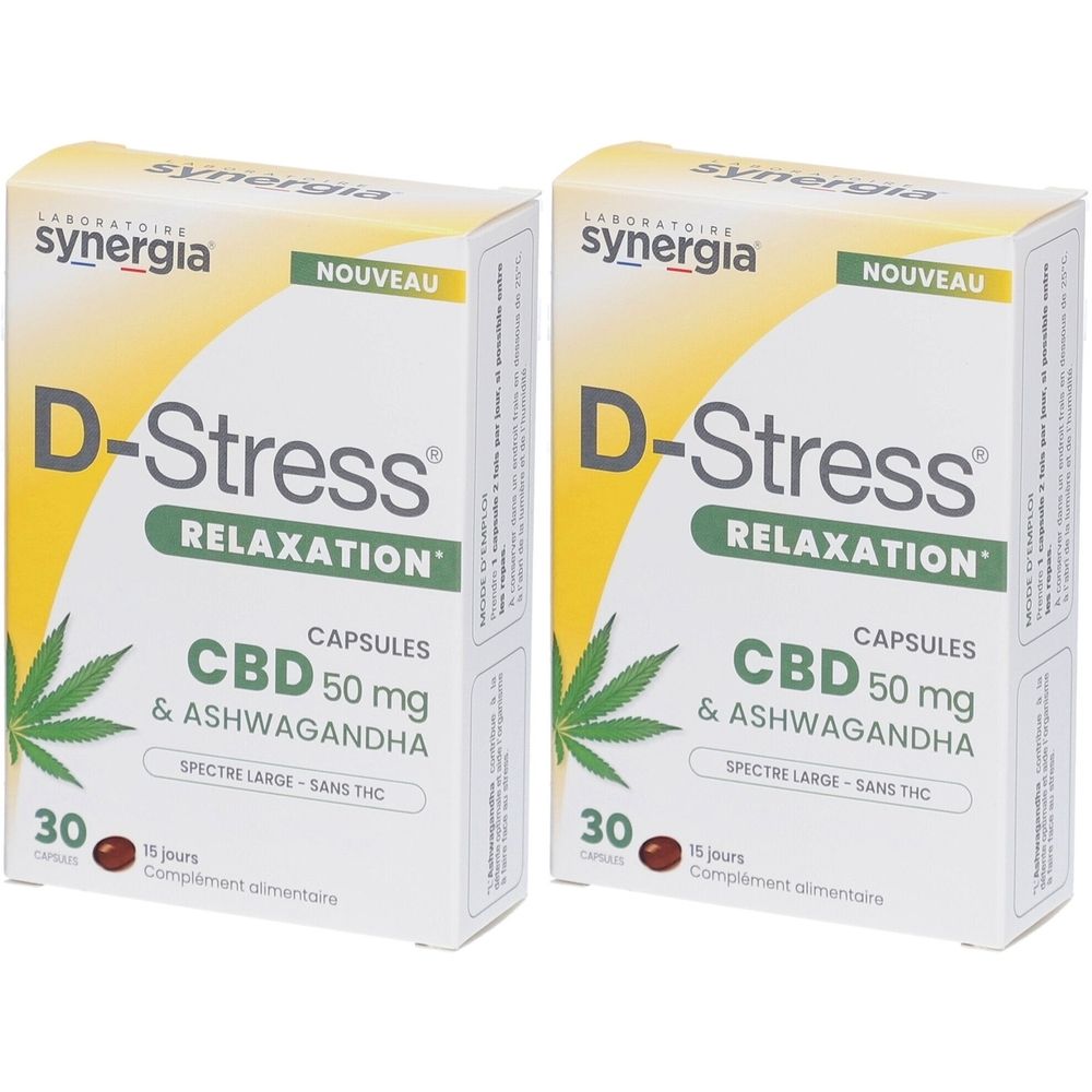 Deux boîtes de gélules « D-Stress Relaxation ». Inscription : CBD 50 mg & Ashwagandha. Marque : Synergia. 30 gélules.