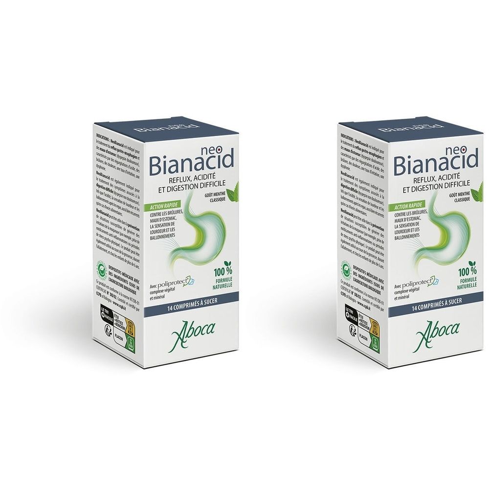 Deux boîtes "neo Bianacid". Inscription : Reflux, Acidité et Digestion Difficile. Logo Aboca. 14 comprimés.