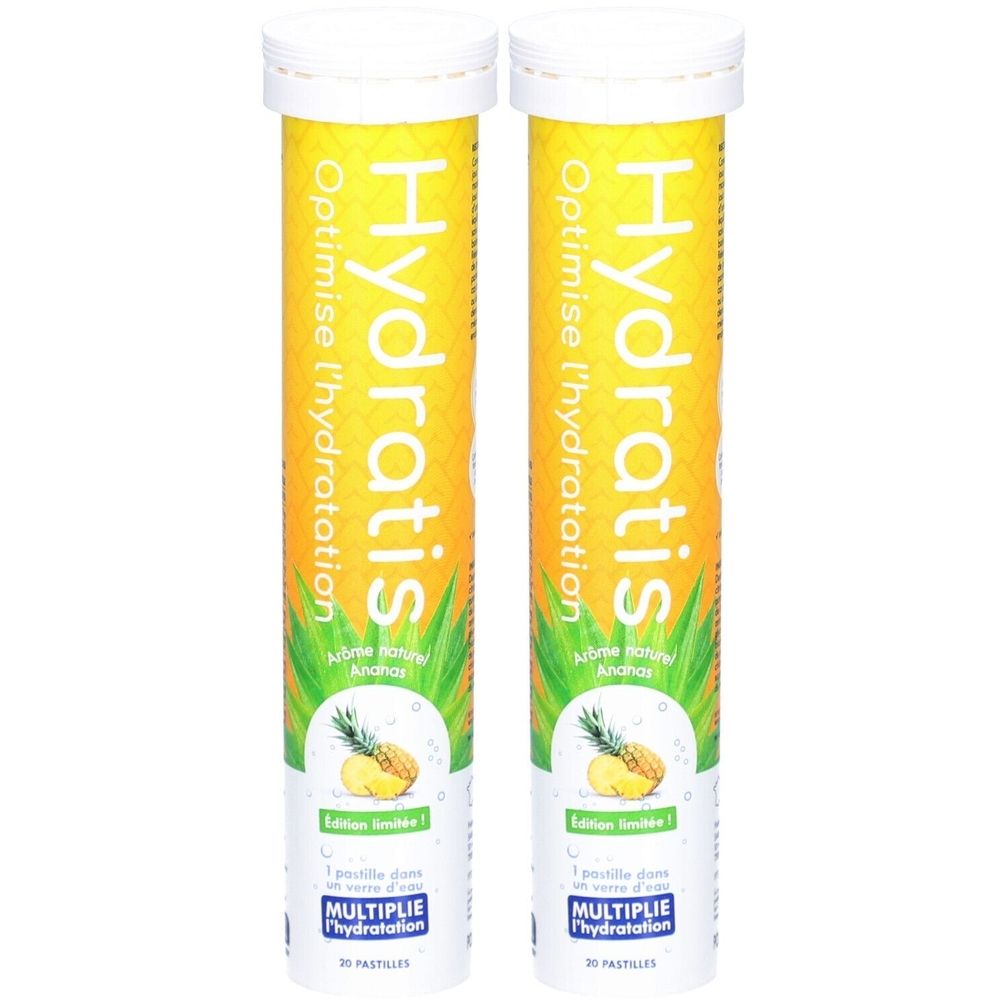 Deux tubes cylindriques jaunes. Inscription Hydratis, arôme ananas. Illustration d'ananas. 30 pastilles.