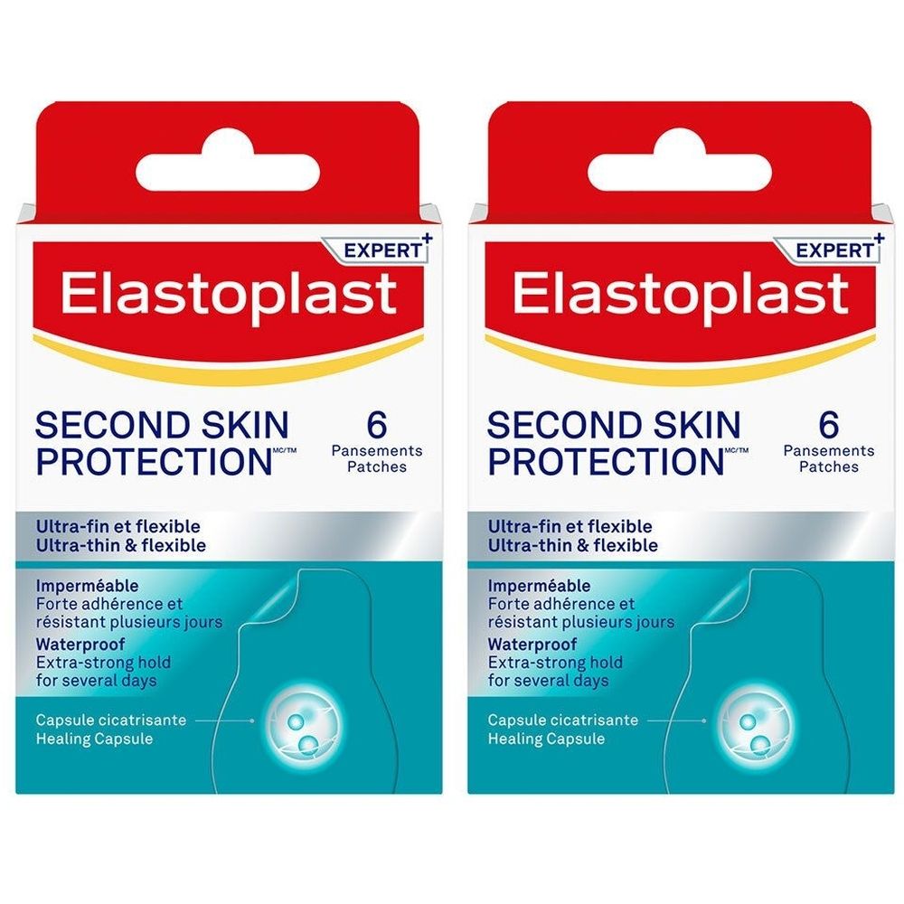 Deux boîtes de pansements. Inscription : Elastoplast, Second Skin Protection, 6 pansements. Ultra-fin et flexible, imperméable.