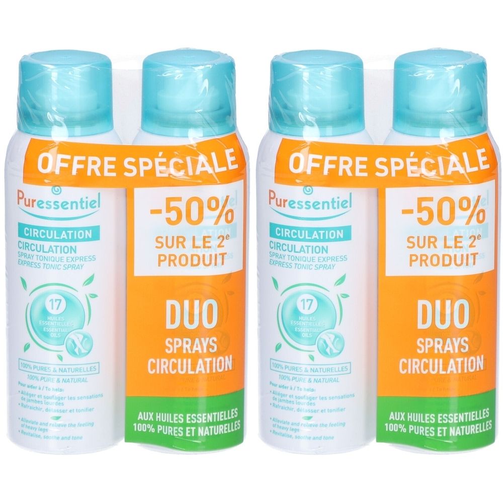 Pack de sprays. Inscription "OFFRE SPÉCIALE" et "-50%". Nom et logo "Puressentiel" visibles. Duo de sprays circulation aux 17 huiles essentielles.