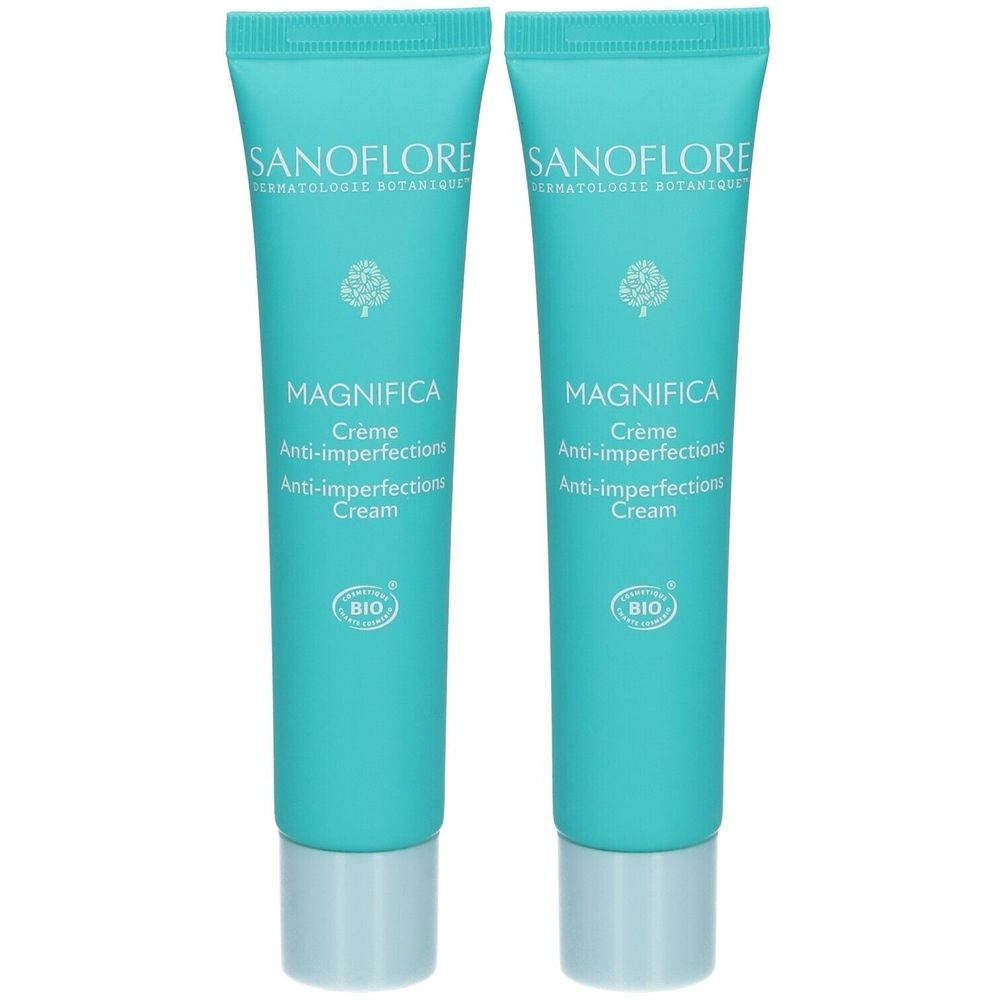 Deux tubes de crème turquoise. Inscription: MAGNIFICA Crème Anti-imperfections. Logo BIO. Marque SANOFLORE.