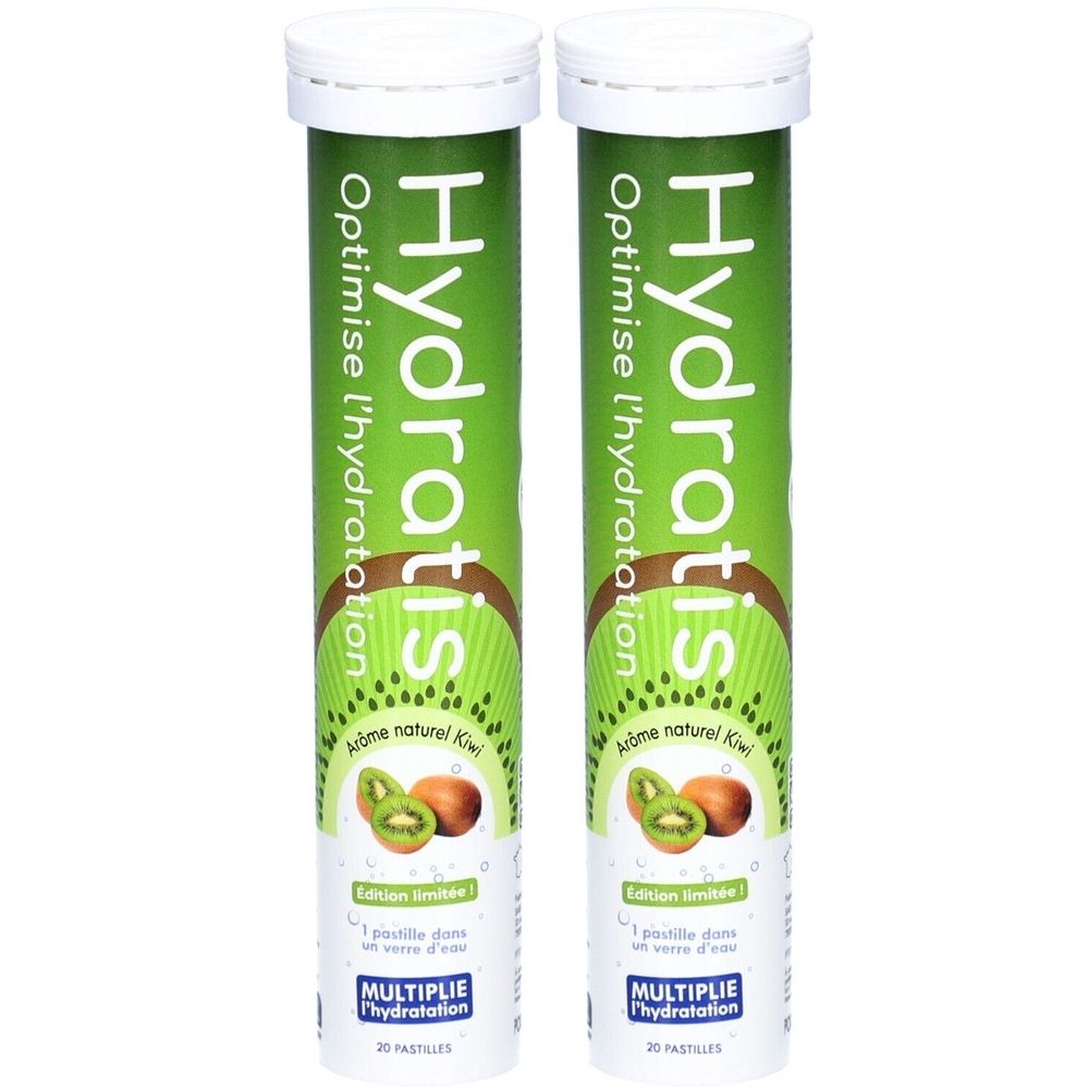 Deux tubes verts avec bouchons blancs. Inscription Hydratis, Optimise l'hydratation, arôme kiwi. Illustration de kiwis.