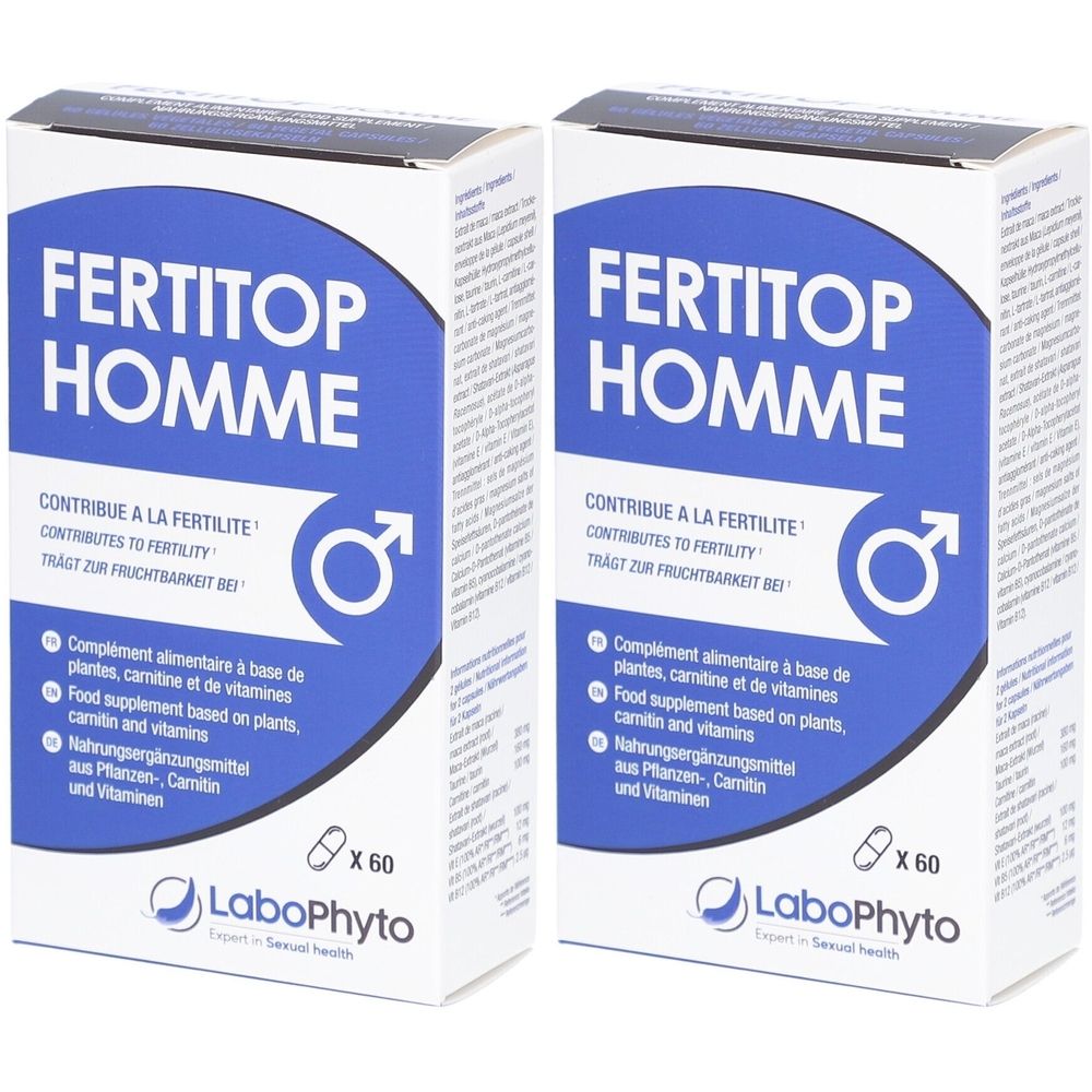 Deux boîtes « FERTITOP HOMME ». Emballage bleu et blanc. Contient un complément alimentaire. Marque : LaboPhyto.