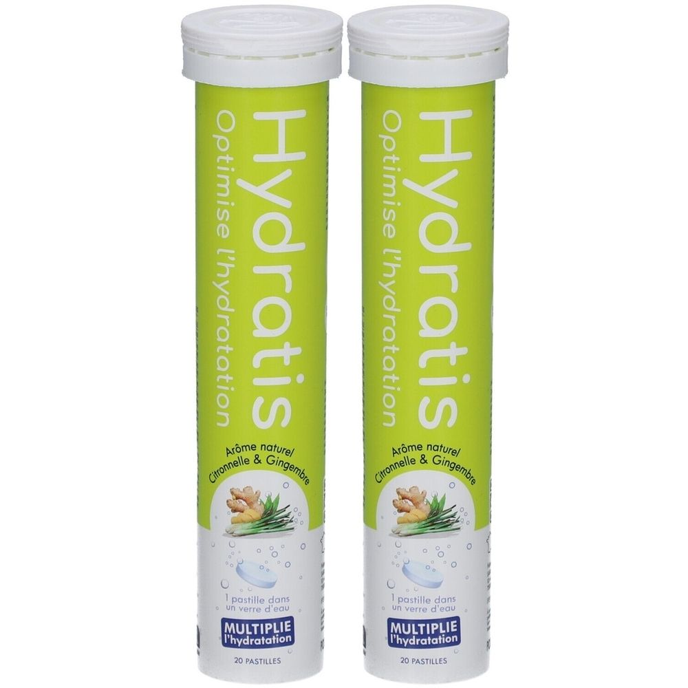 Deux tubes cylindriques avec bouchons blancs. Inscription "Hydratis" et "Optimise l'hydratation". Illustrations de gingembre et citronnelle.