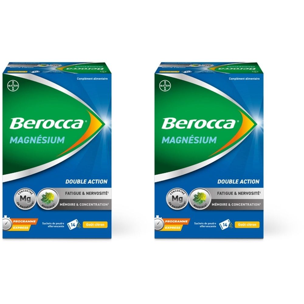 Deux boîtes de Berocca Magnésium. Emballage bleu avec logo vert. Double action : fatigue, nervosité, mémoire et concentration.