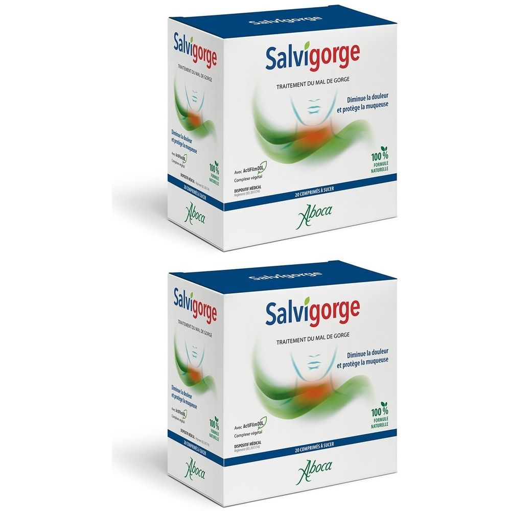 Deux boîtes carrées "Salvigorge". Emballage bleu et blanc avec informations produit et logo. Texte: "Traitement du mal de gorge".