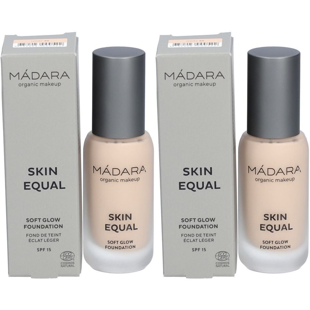 Trois flacons et emballages de fond de teint MADARA Skin Equal. Inscription : Skin Equal, Soft Glow Foundation, SPF 15. Certification bio.