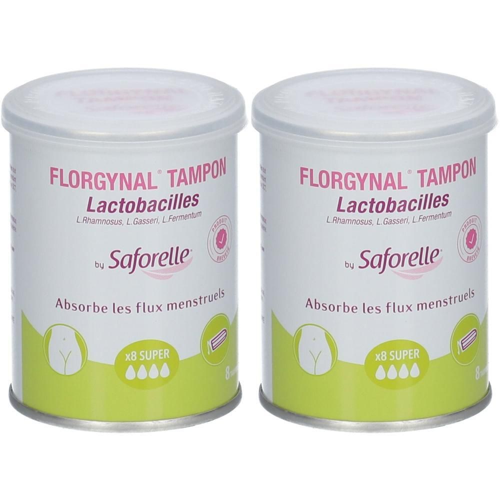 Deux boîtes cylindriques avec couvercles. Inscription : Florgynal Tampon Lactobacilles, Saforelle. Absorbe les flux menstruels. Super.