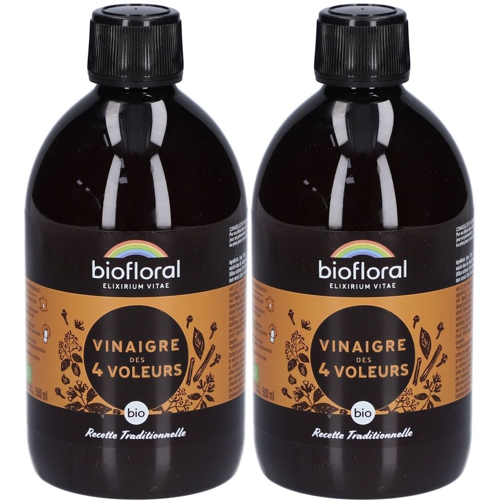 Deux flacons bruns avec bouchons noirs. Étiquettes : "Biofloral Vinaigre des 4 Voleurs Bio". Logo bio et arc-en-ciel.